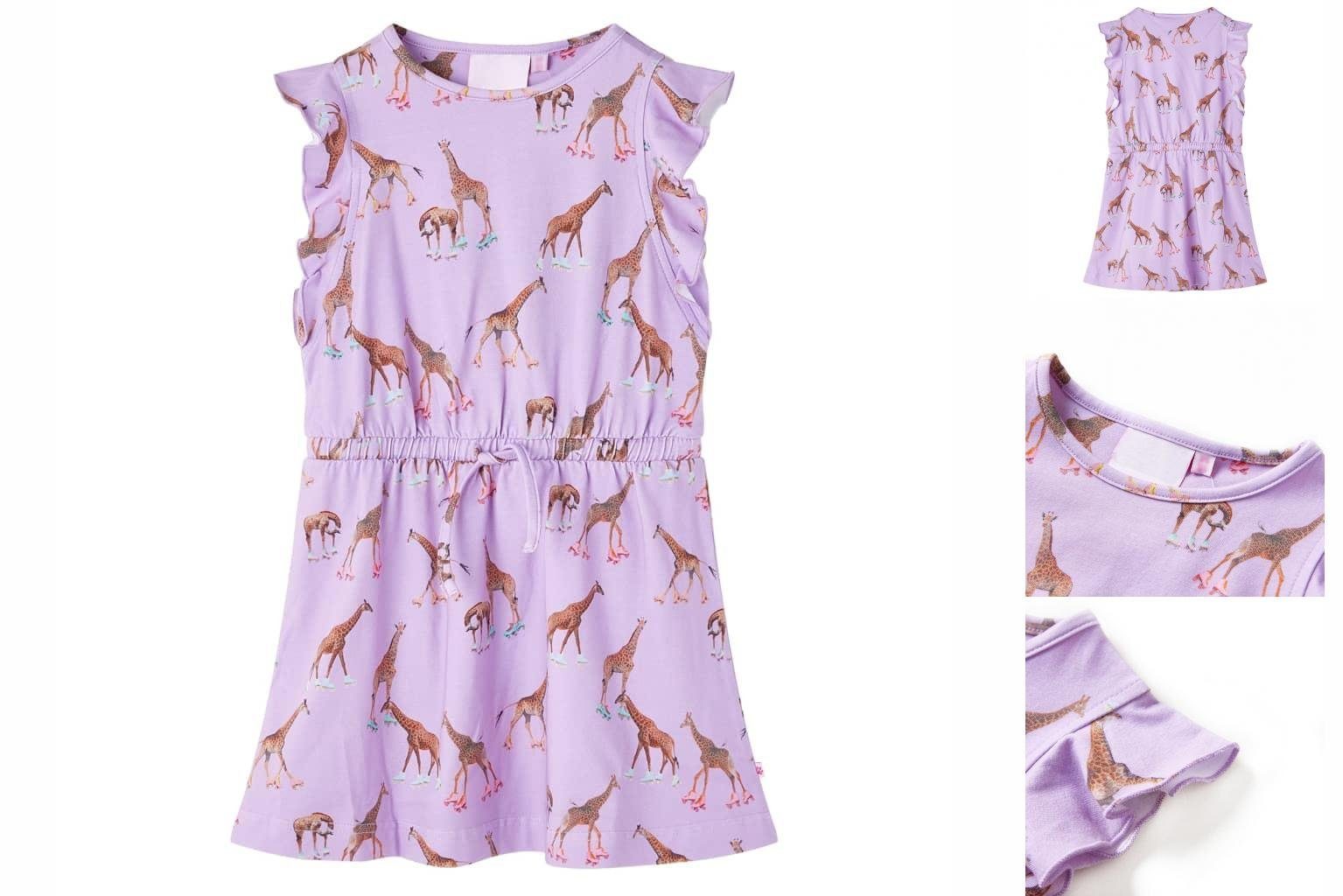 vidaXL A-Linien-Kleid Kinderkleid mit Rüschenärmeln und Taillenband Giraffen-Motiv Lila 104