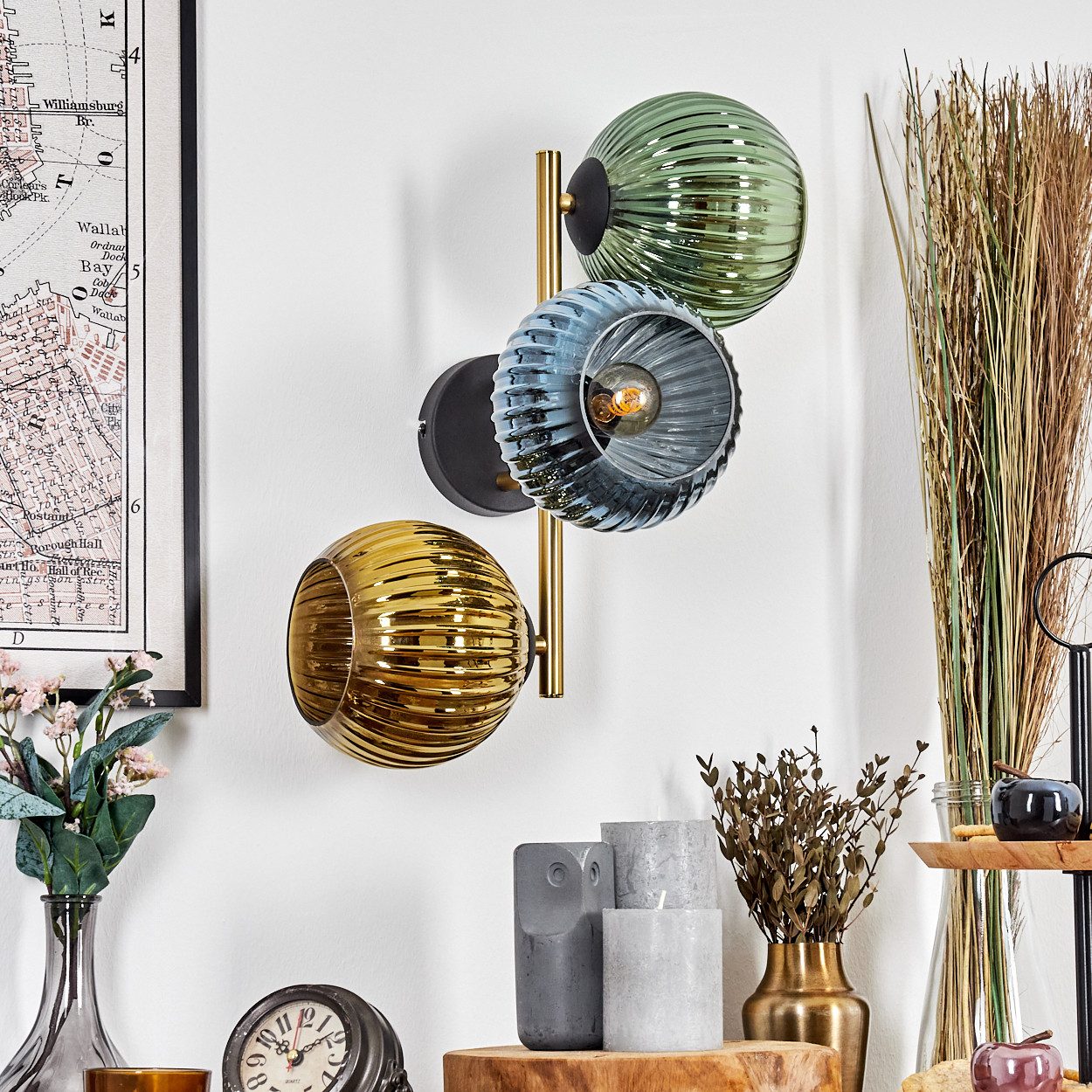 hofstein Wandleuchte Wandlampe aus Metall/Riffelgllas in Schwarz/Goldfarben/Blau/Grün, moderne Leuchte im Retro/Vintage-Design (Schirme Ø 15 cm), E14