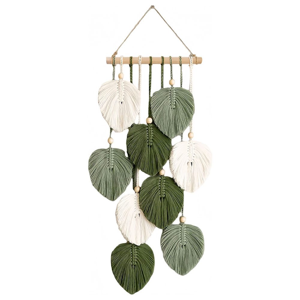 AFKSMILE Wandteppich Boho Deko Makramee Wandteppich mit Holzperlen und Grün Blätter, Wandbehang für Schlafzimmer Wohnzimmer Kinderzimmer Wanddeko