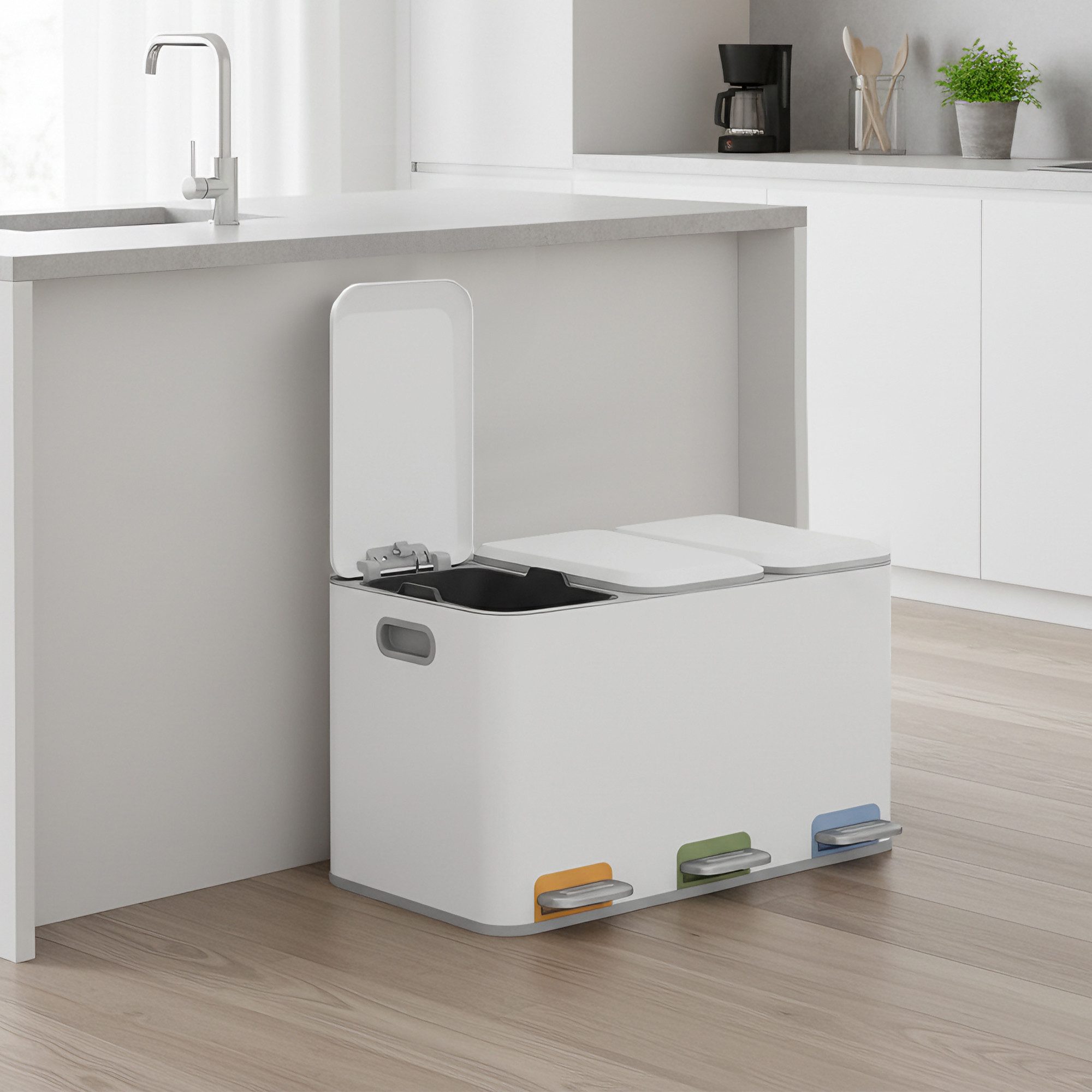 SONGMICS Mülleimer Mülleimer Küche, Fächer, Abfalleimer mit farbcodierbaren Pedalen, Mülltrennsystem, mit Deckeln und Inneneimern, Stahl, 3 x 15 L