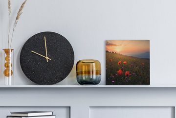 OneMillionCanvasses® Leinwandbild Blumenfeld - Gras - Pflanzen - Sonnenuntergang - Orange, (1 St), Leinwand Bilder für Wohnzimmer Schlafzimmer