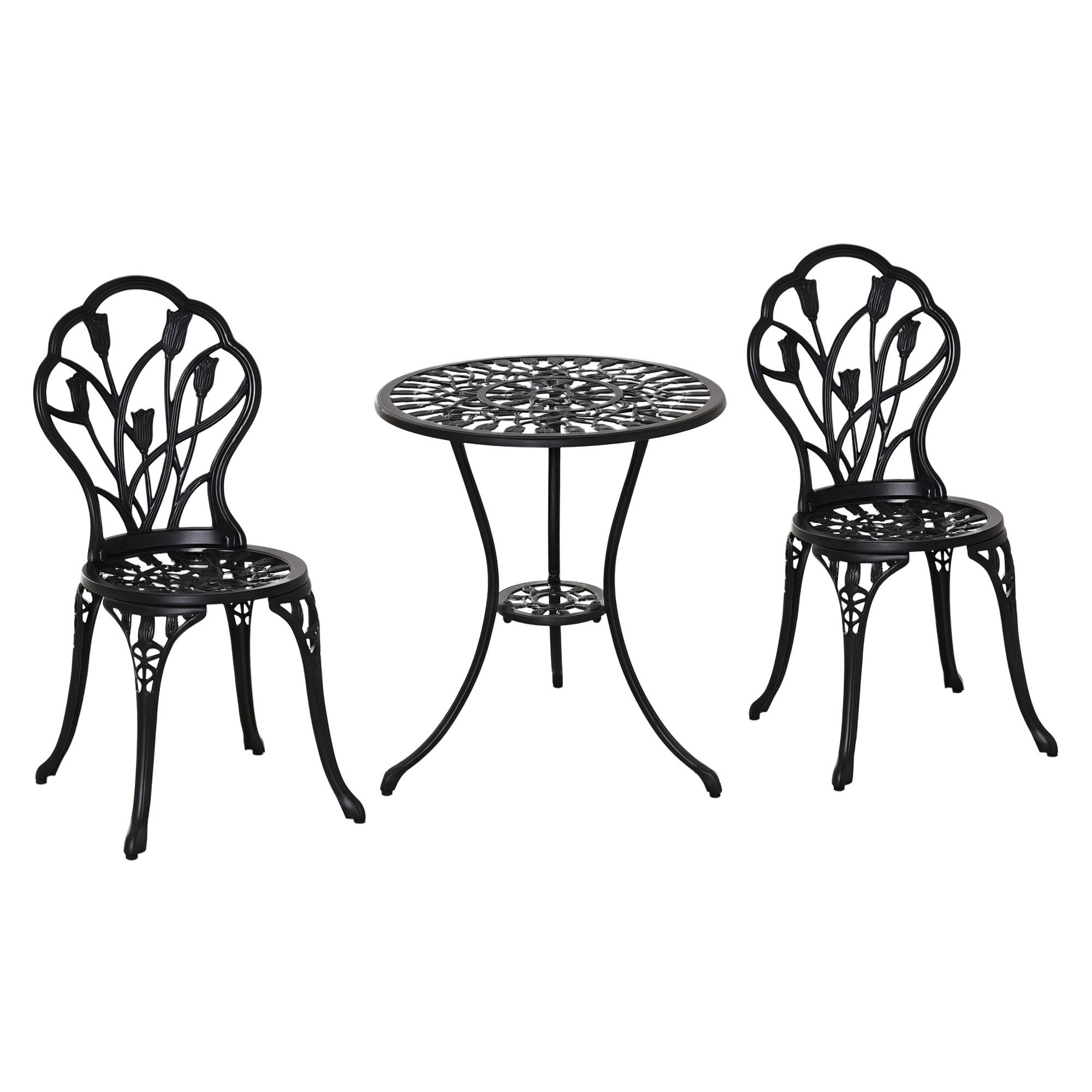 Outsunny Balkonset Bistro-Set mit geschnitztem Design, Sitzgruppe mit Gartenstühlen, (Balkonmöbel-Set, 3-tlg., Gartenmöbel-Set), Aluminium Schwarz Ø60 x 67H cm