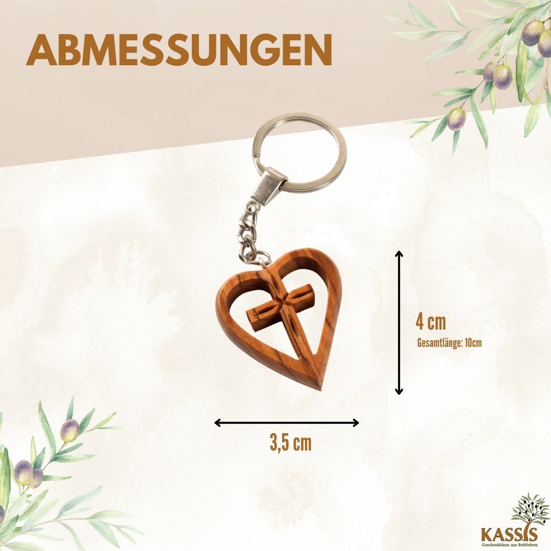 Kassis Geschenkartikel Schlüsselanhänger Schlüsselring mit Kreuz im Herz aus Olivenholz, handgefertigt in Bethlehem, Geschenk zu mehreren Anlässen