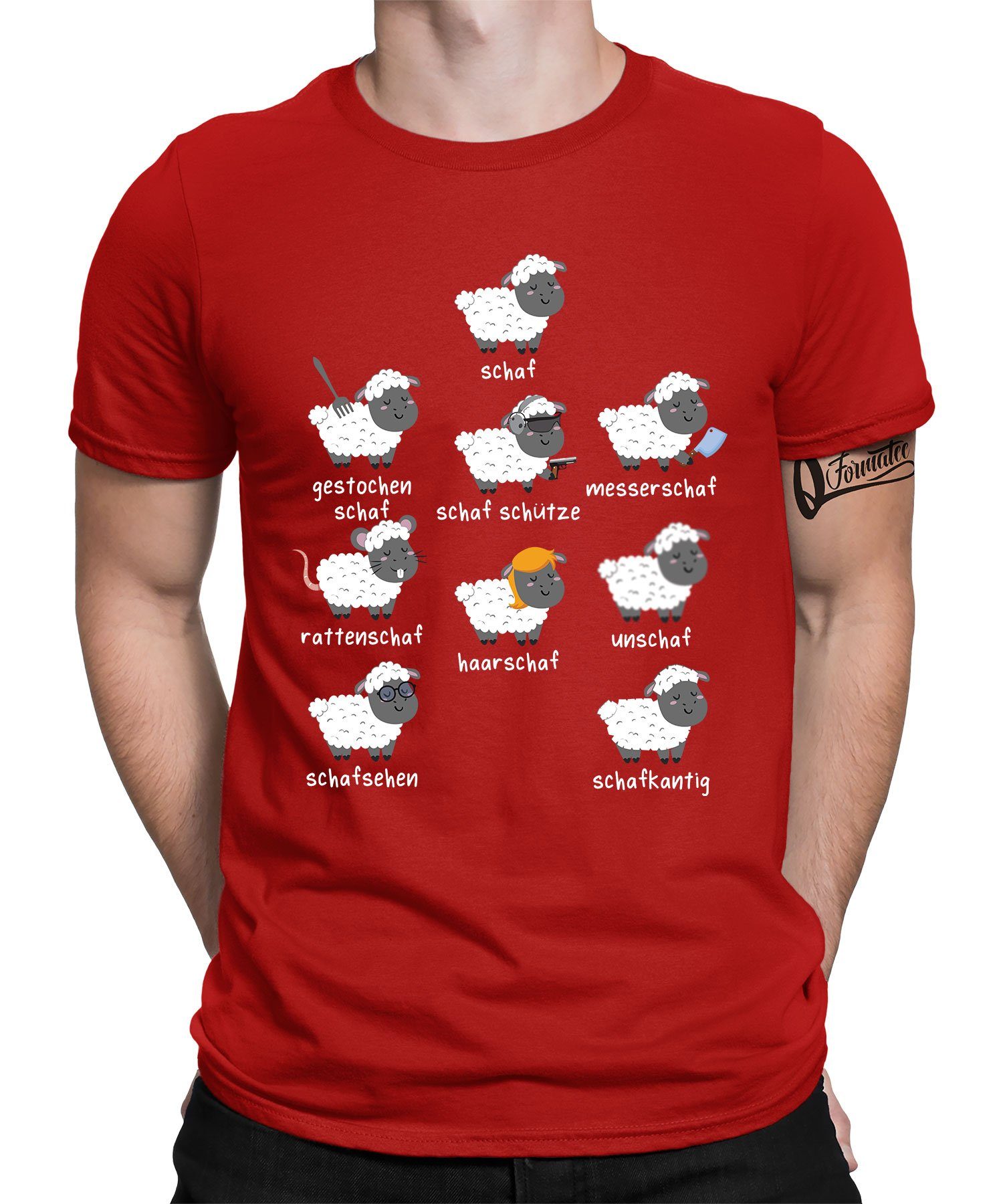 Quattro Formatee Kurzarmshirt Schafe Wortspiel Schafherde- Lustiger Spruch Statement Herren T-Shirt (1-tlg) Rot