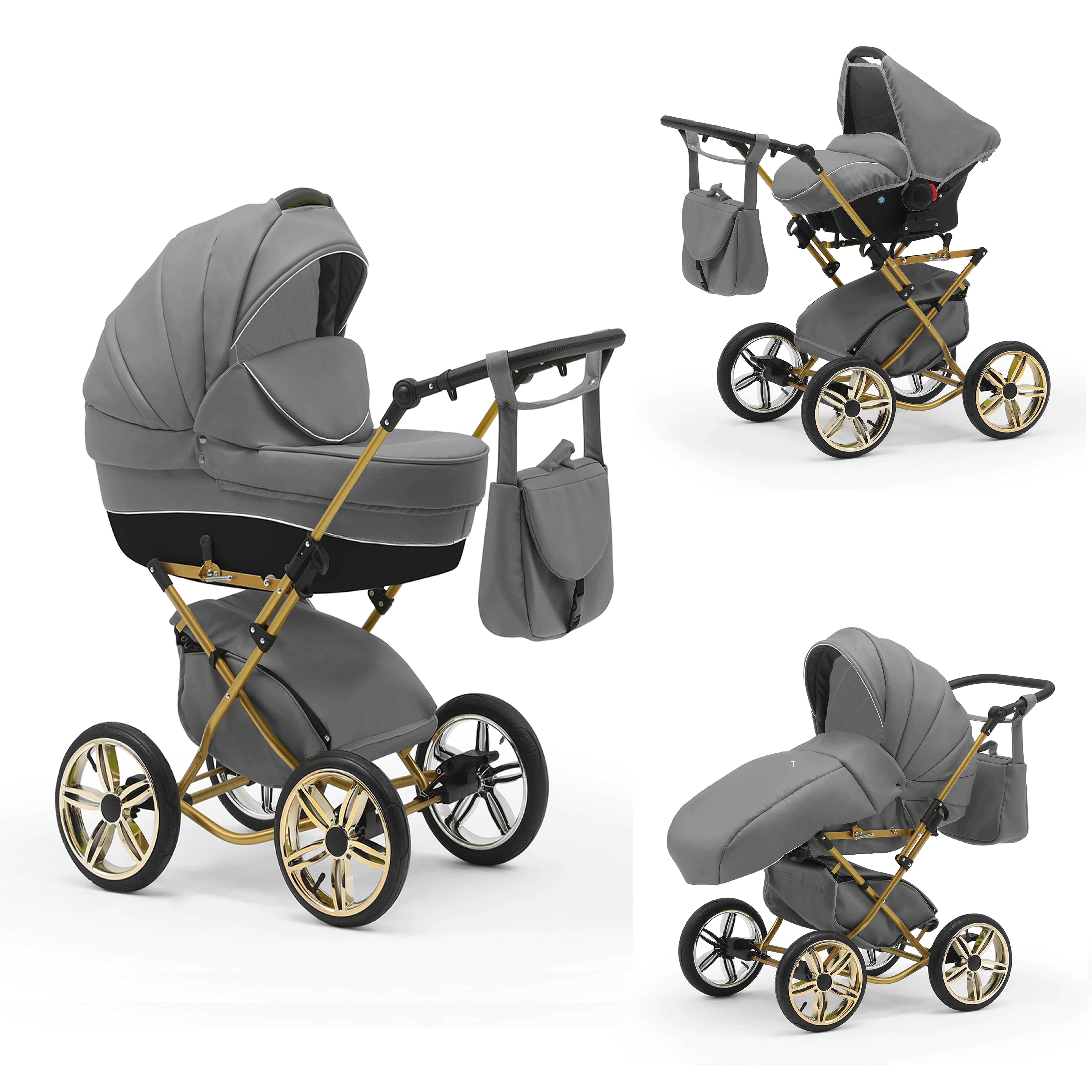 Kombi-Kinderwagen Sorento Gold 4 in 1 mit Sportsitz, Autositz und Zubehör in 30 Farben