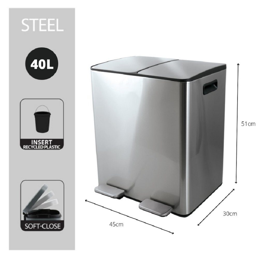 spirella Mülltrennsystem ALIYA, 2 Kammern Abfall Treteimer XL, 40 L, Softclose Absenkautomatik, herausnehmbare Innenbehälter, Anti-Fingerprint Oberfläche, Stahl matt-satiniert, für Küche, Büro, Hauswirtschaftsraum, 2 x 20 L, silberfarben