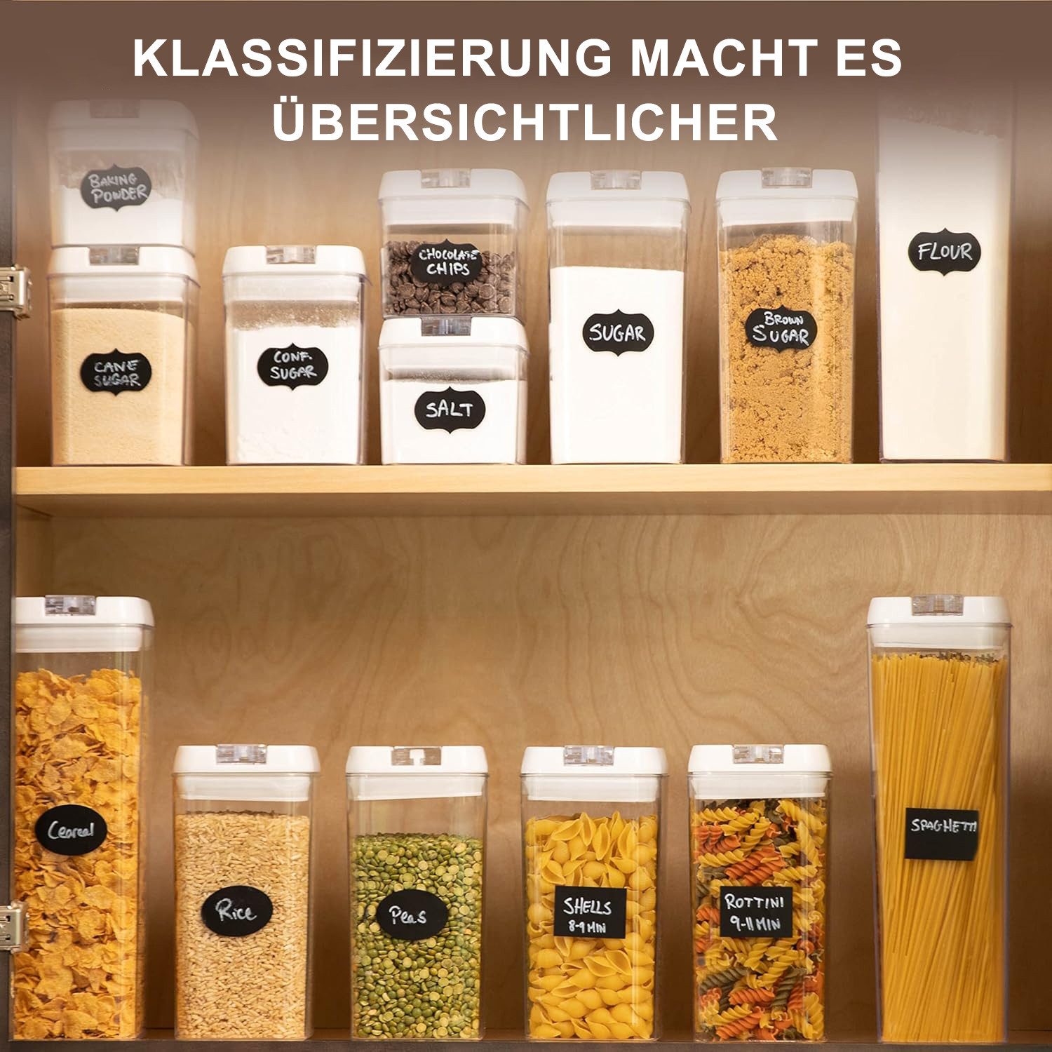 HEYHIPPO Vorratsdose Klare luftdichte Vorratsgläser mit Deckel und Etiketten 7 Stück, (PS+PP-Material ist geruchs- und geschmacksneutral, Klassifizierung Lagerung Frischhaltedose quadratisch sichtbar), Vorratsgläser Lebensmittel zu Hause weißen Deckeln,Küchen-Organizer