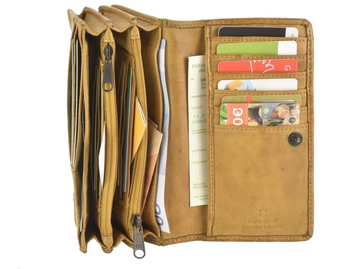 Bear Emma, ochre Kartenfächer, in 15x9cm Portemonnaie, Geldbörse Damenbörse, ocker Design Leder gelb, 14