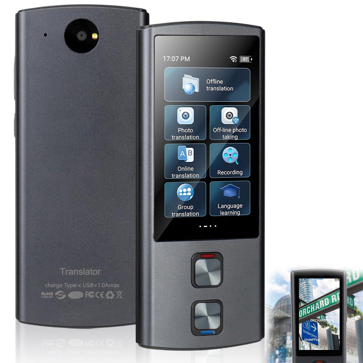 MOPUEA Sprachcomputer Tragbares intelligentes Sprachübersetzungsgerät grau, 138 Sprachen, mit Echtzeit-, Offline- und Fotoübersetzungen