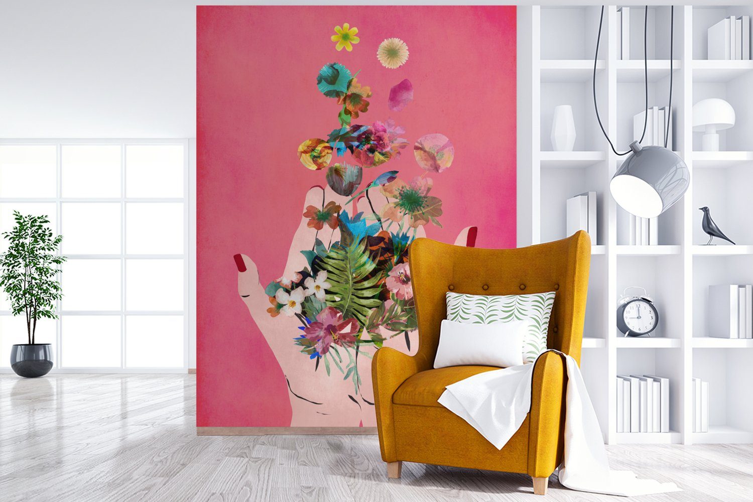 MuchoWow Fototapete Blumen - Abstrakt Kunst, Tapete - für St), bedruckt, Wohnzimmer, Vinyl - Montagefertig Rosa (4 Wandtapete Matt
