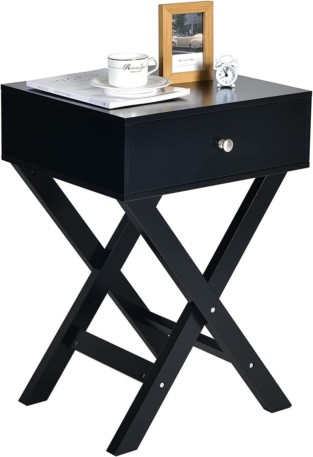 KOMFOTTEU Beistelltisch X-Förmiger Nachttisch, mit Schublade schwarz