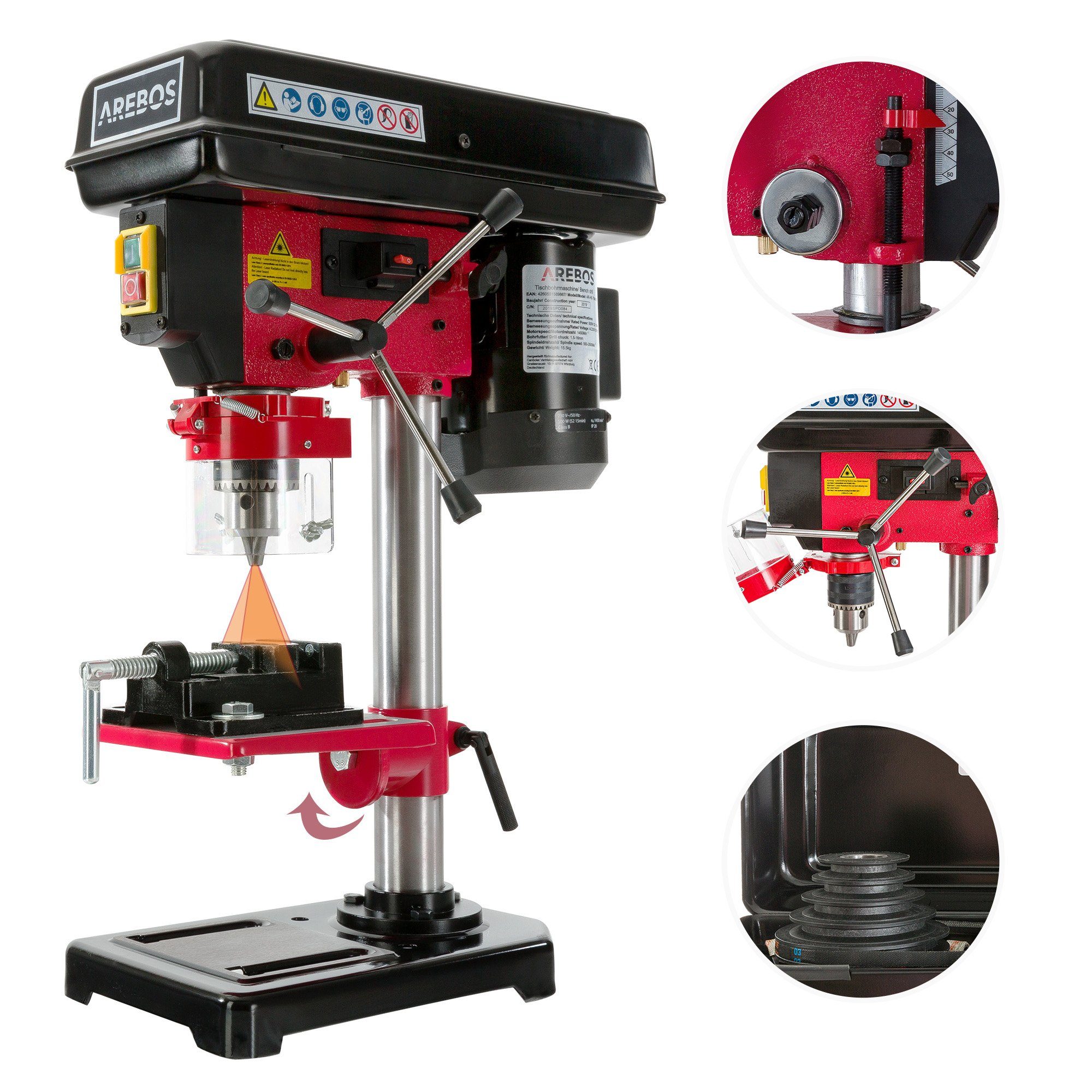 Arebos Tischbohrmaschine mit integriertem Positionslaser, 500 W, 5 Geschwindigkeitsstufen, 230 - 240 V, max. 2500,00 U/min, (Set), Schallleistungspegel: 78,8 dB(A), Schalldruckpegel: 68,4 dB(A)