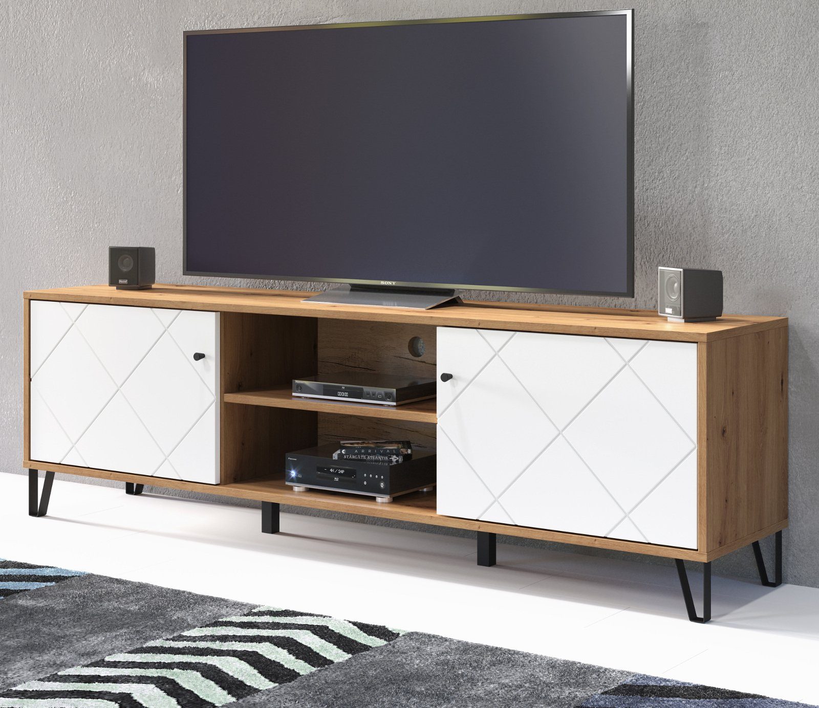 Furn.Design Lowboard Tough (TV Unterschrank in weiß und Eiche, 183 x 56 cm), mit Soft-Close-Funktion