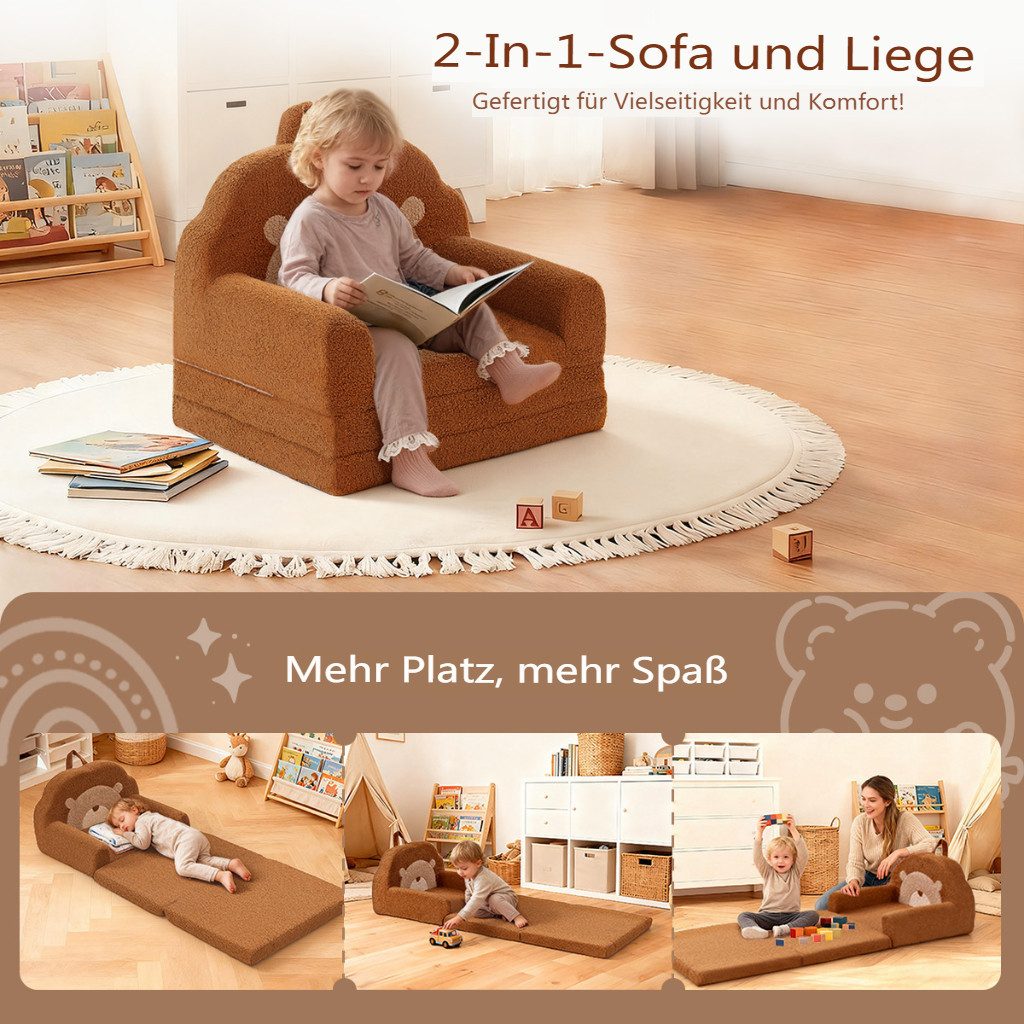 Insma Kindersofa 2-in-1 Kinder Schlafsofa Spielsofa Sofabett Bär Klappbar, Kindersessel Spielcouch 120×50×41cm, Maximale Tragfähigkeit 45 kg