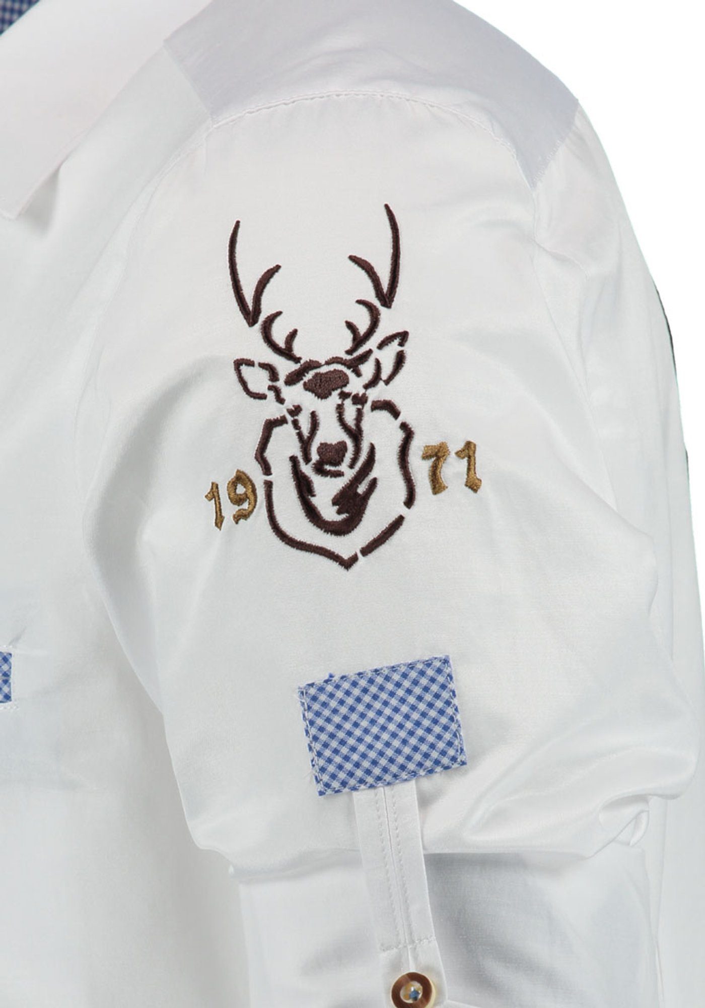 OS-Trachten Trachtenhemd Irono mit Langarmhemd weiß-mittelblau Motivdruck "Hirsch"