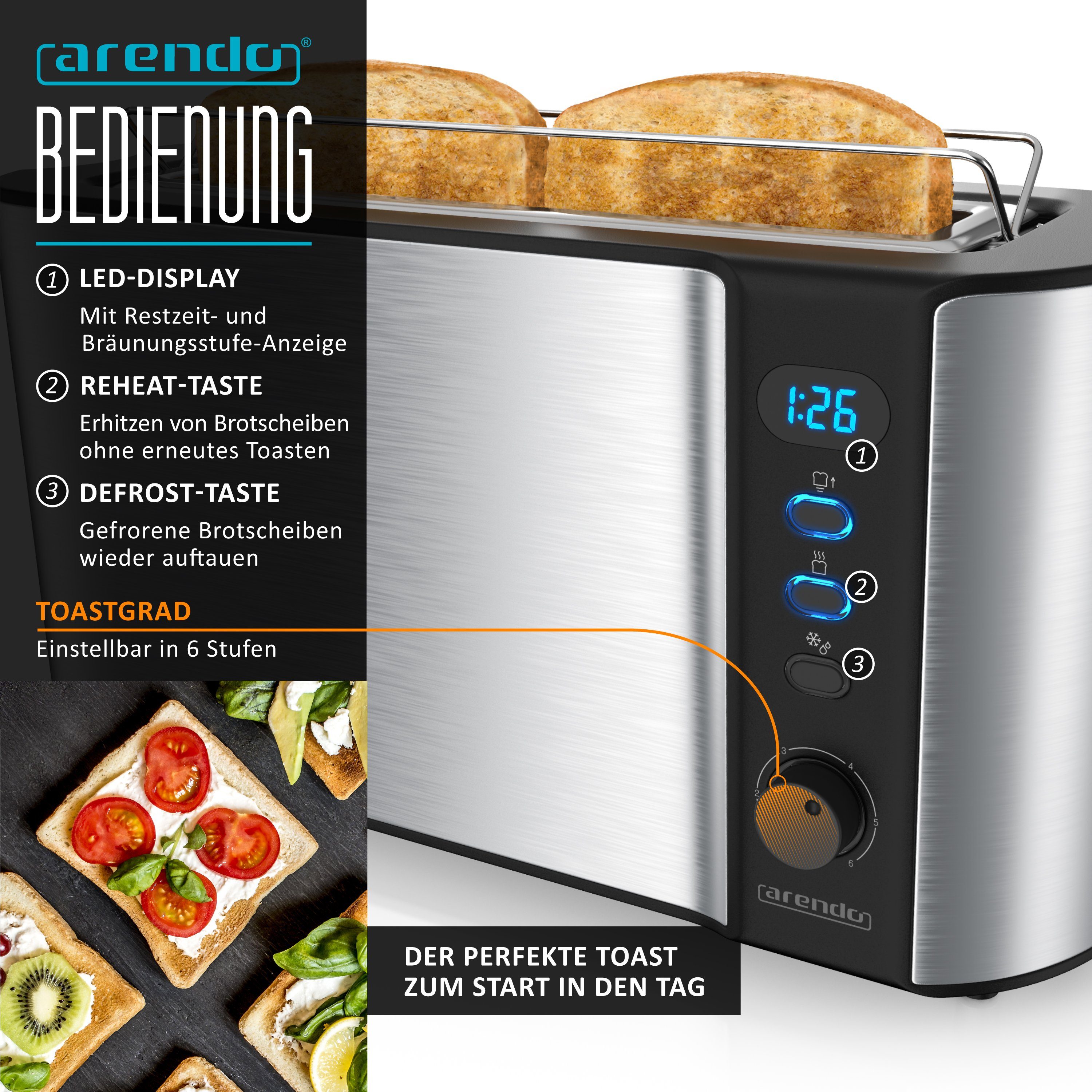 Arendo Frühstücks-Set Wasserkocher 1,5l / 2-Scheiben Toaster / Eierkocher, Edelstahl, Silber (3-tlg), BPA-frei, GS-geprüfte Sicherheit, perfekt fürs Familienfrü – Bild 5 von 5
