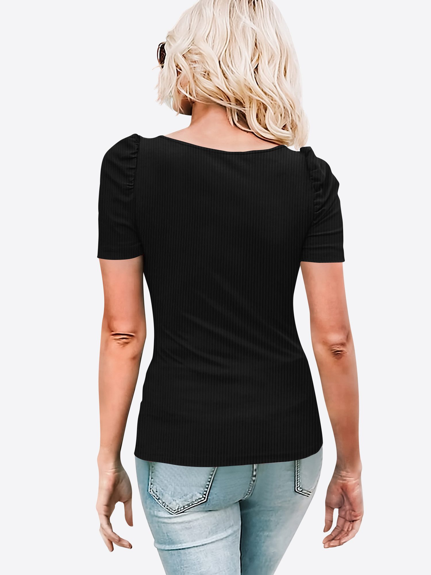 Imily Bela T-Shirt Damen Geripptes mit Puffärmeln Quadratischer Kragen und V-Notch (Packung, 1-tlg., 1per-Pack) in Unifarbe