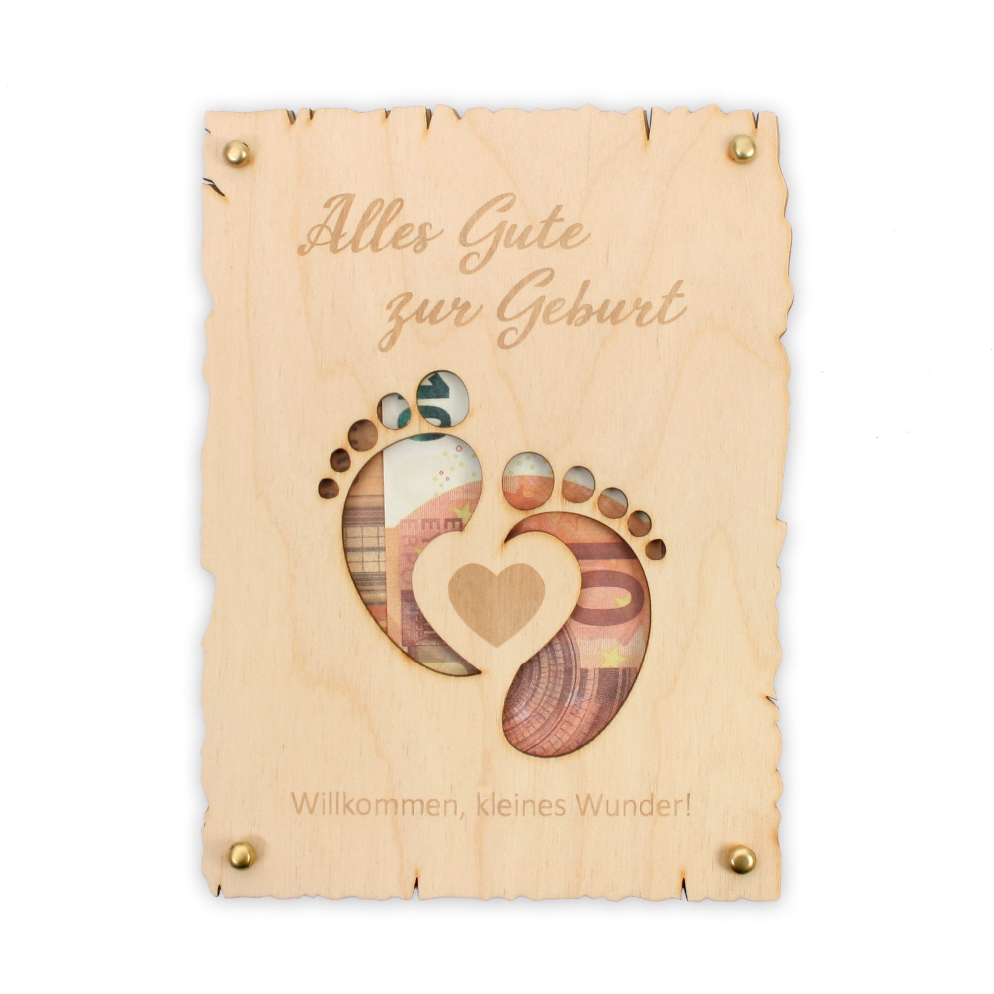 Kreative Feder Glückwunschkarte „Alles Liebe & Gute zur Geburt“ - Glückwunsch-Karte aus Holz, Geschenk-Karte für Geldgeschenke; Größe ca.: 14,6 x 19,7cm