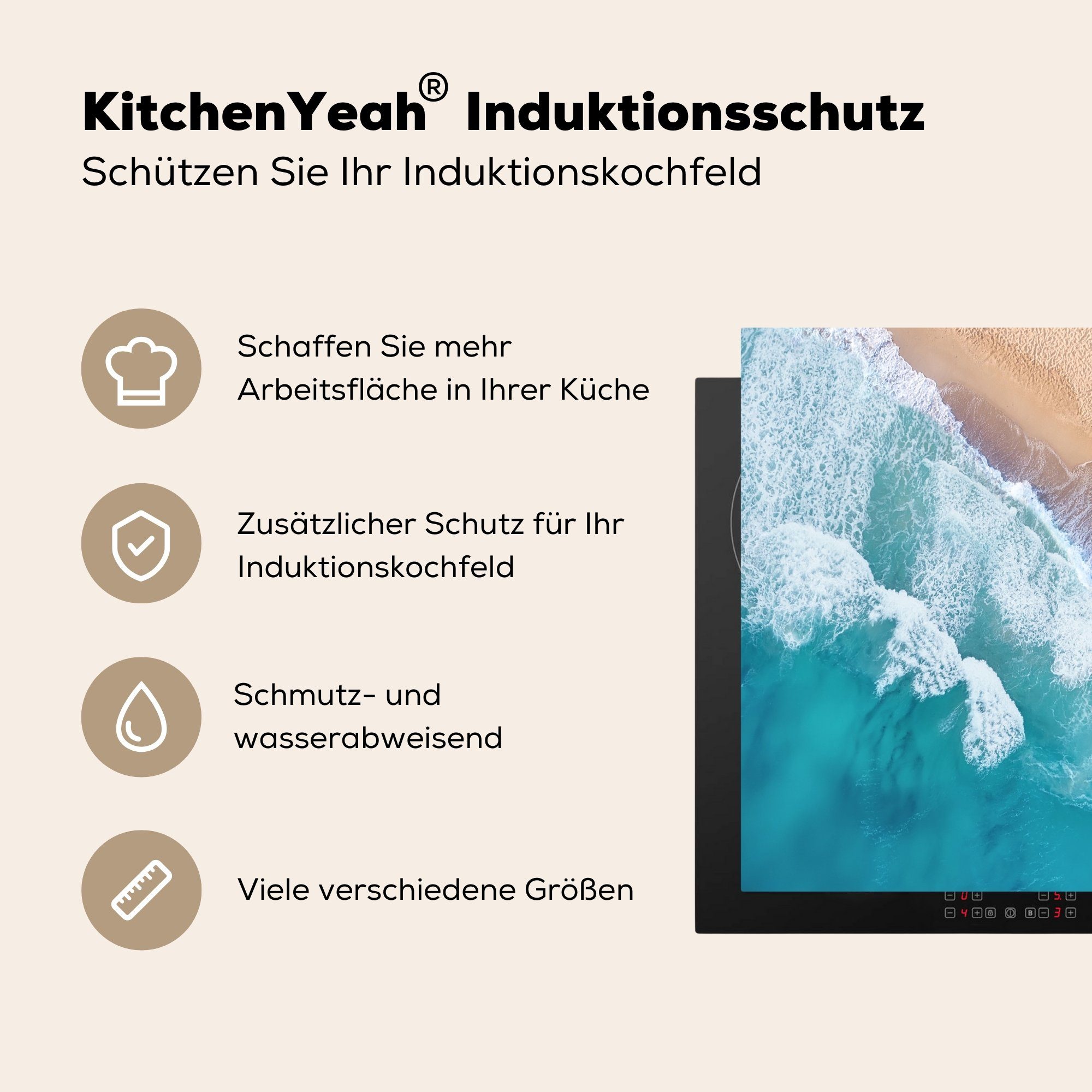 MuchoWow Herdblende-/Abdeckplatte Wasser cm, 57x51 (1 - - - Induktionskochfeld, Ceranfeldabdeckung Induktionsschutz, tlg), Strand Vinyl, Sommer, Meer