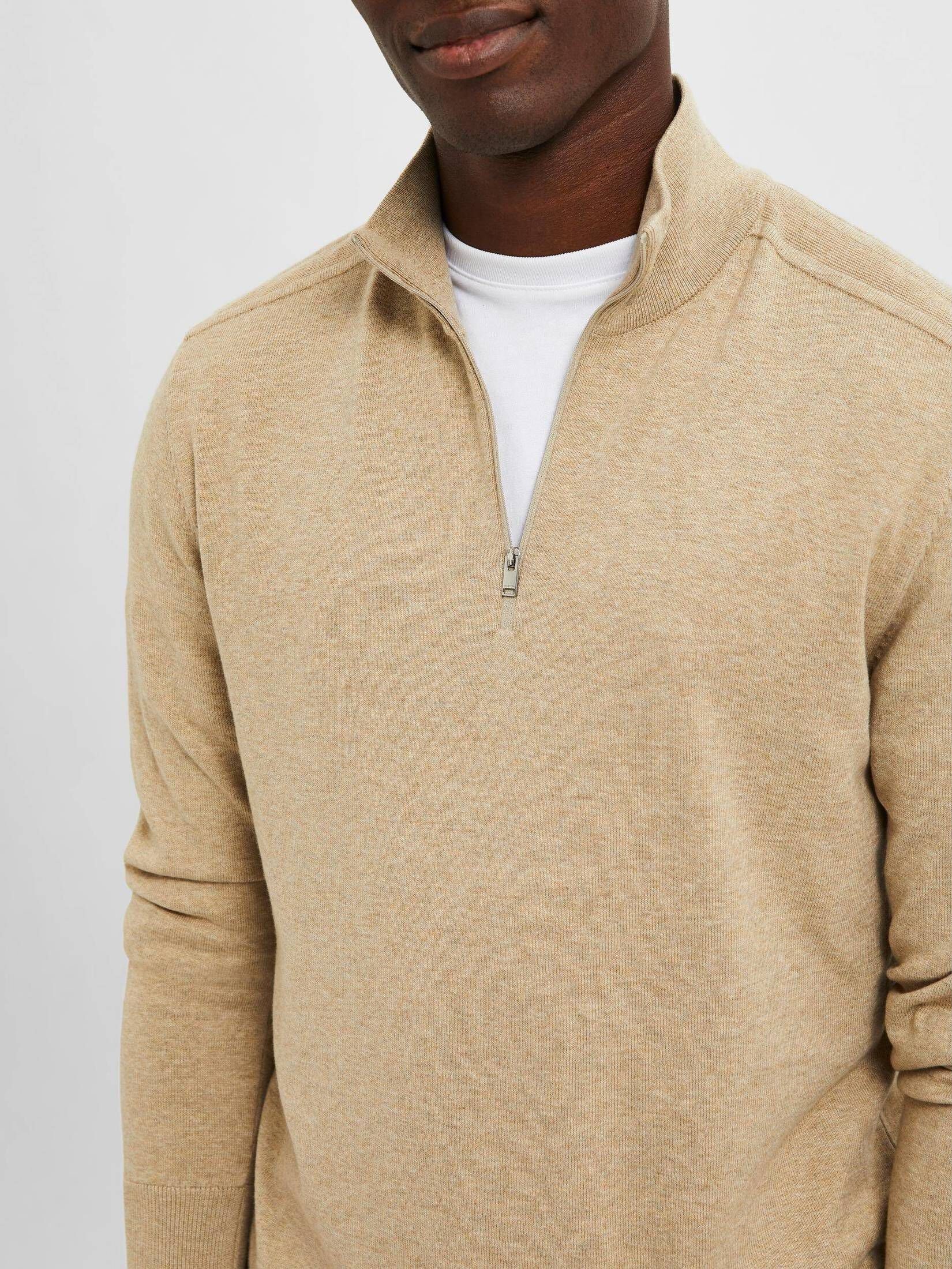 Pullover (1-tlg) HOMME (22) ZIP B camel SELECTED SLHBERG HALF Herren Strickpullover CARDIGAN