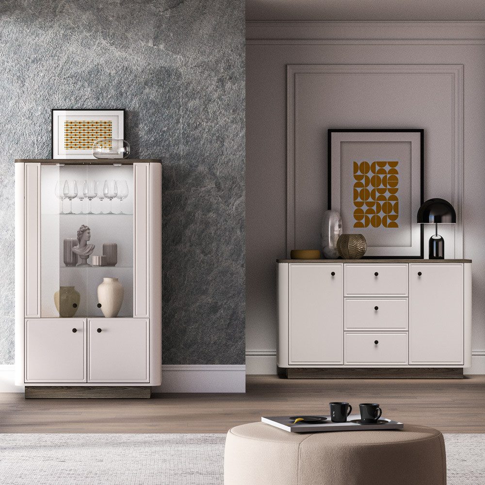 Lomadox Wohnzimmer-Set VEJANO-131, (Mega-Spar-Set, 2-St., Highboard Sideboard), Beige mit Eiche modern abgerundet Softclose LED Beleuchtung