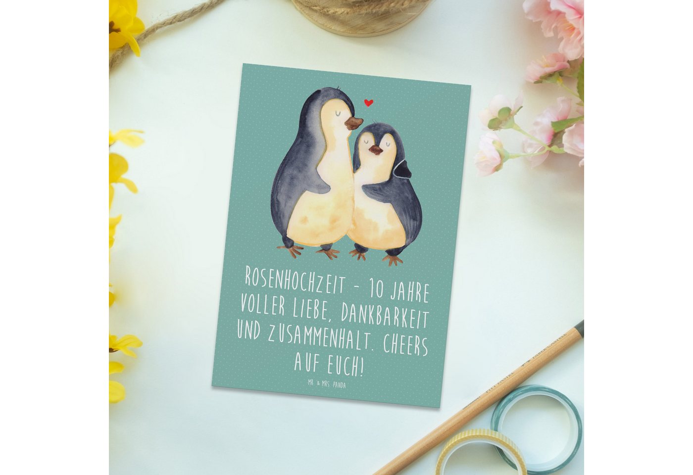 Thumbnail - Mr. & Mrs. Panda Postkarte 10. Hochzeitstag Rosenhochzeit - Meeresbrise - Geschenk, zehnter Hoch, Matte Rückseite