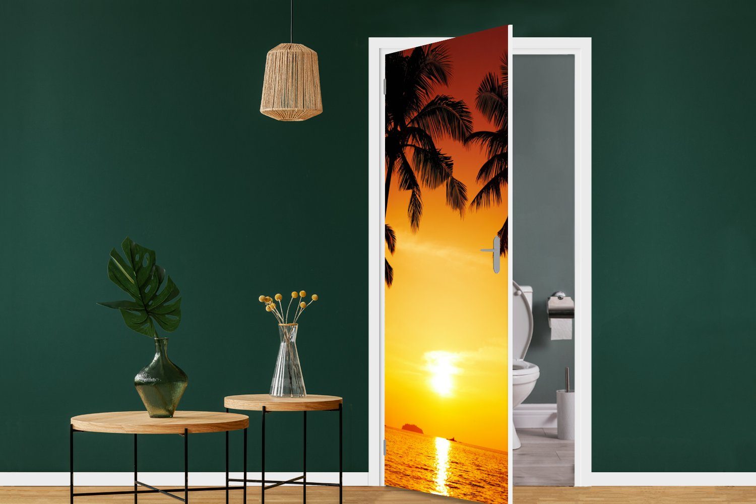 MuchoWow Türtapete Palme - Orange - - Tür, Fototapete St), Strand Sonnenuntergang Tropisch, - (1 für bedruckt, 75x205 cm Matt, Türaufkleber