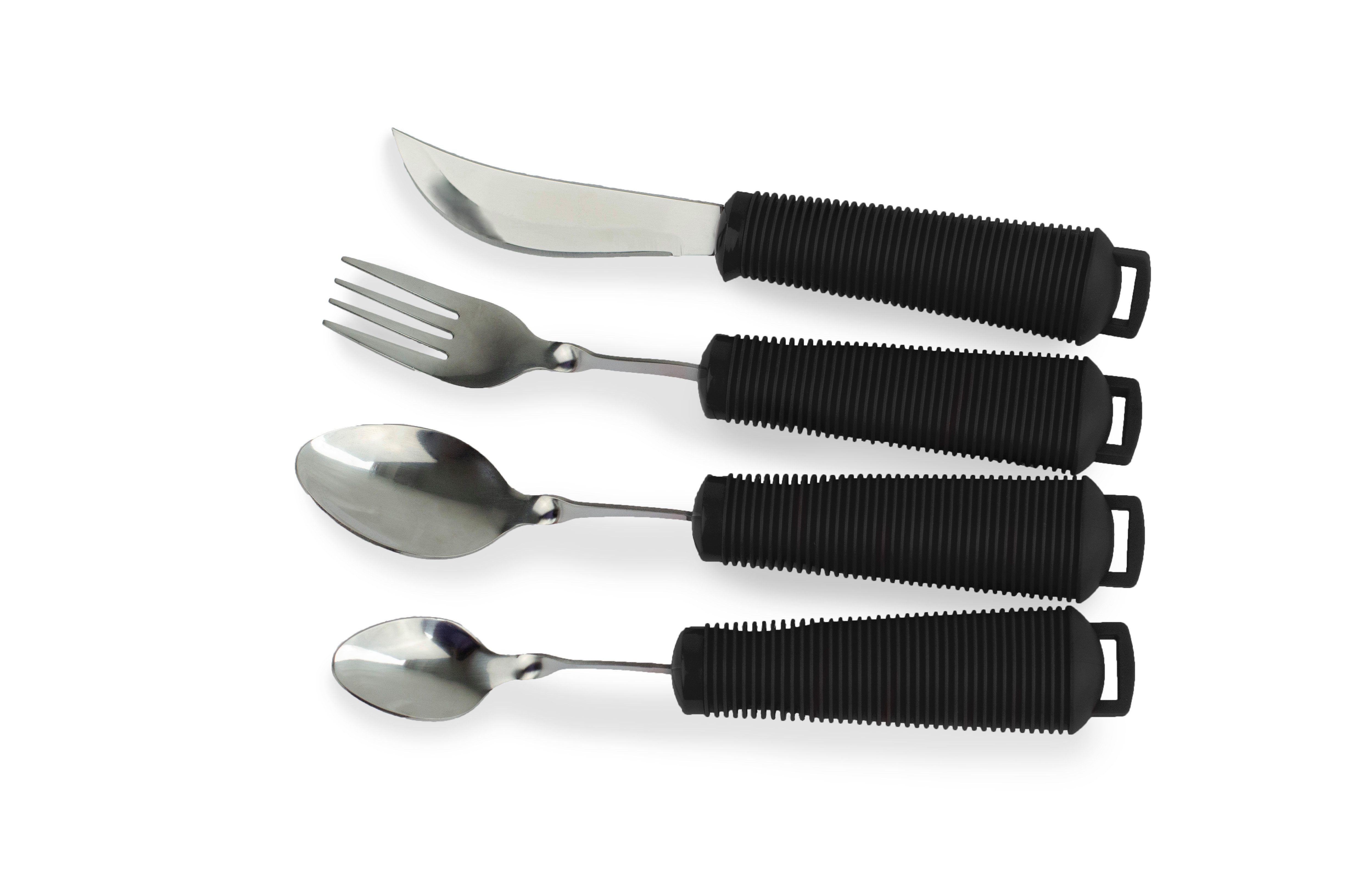 Sundo Homecare Besteck-Set Flex Besteck Set 4-teilig schwarz Messer Gabel Esslöffel Messer Essbes (4-tlg), 1 Personen, Edelstahl, Löffel und Gabel biegsam und individuell anpassbar
