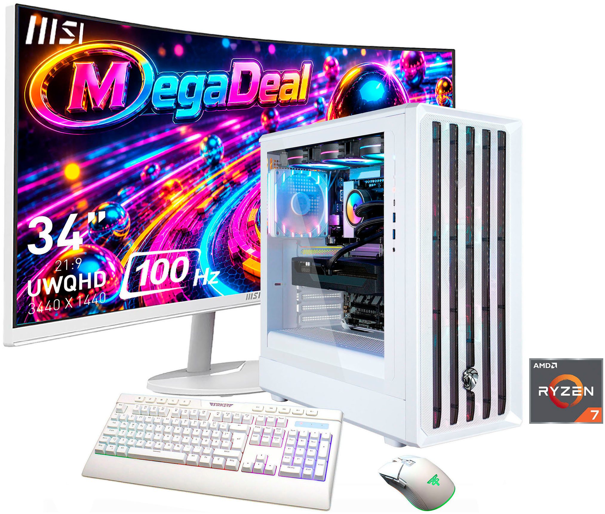 GAMEMAX MegaDeal CLAW WH 2884 AMD Ryzen 7 9700X 32GB DDR5 1TB SSD RX 9070 XT Gaming-PC-Komplettsystem (34", AMD Ryzen 7 9700X, RX 9070 XT, 32 GB RAM, 1000 GB SSD, Windows 11, DDR5 RAM+ MSI PRO MP341CQW LED-Monitor Curved 86,4cm (34)