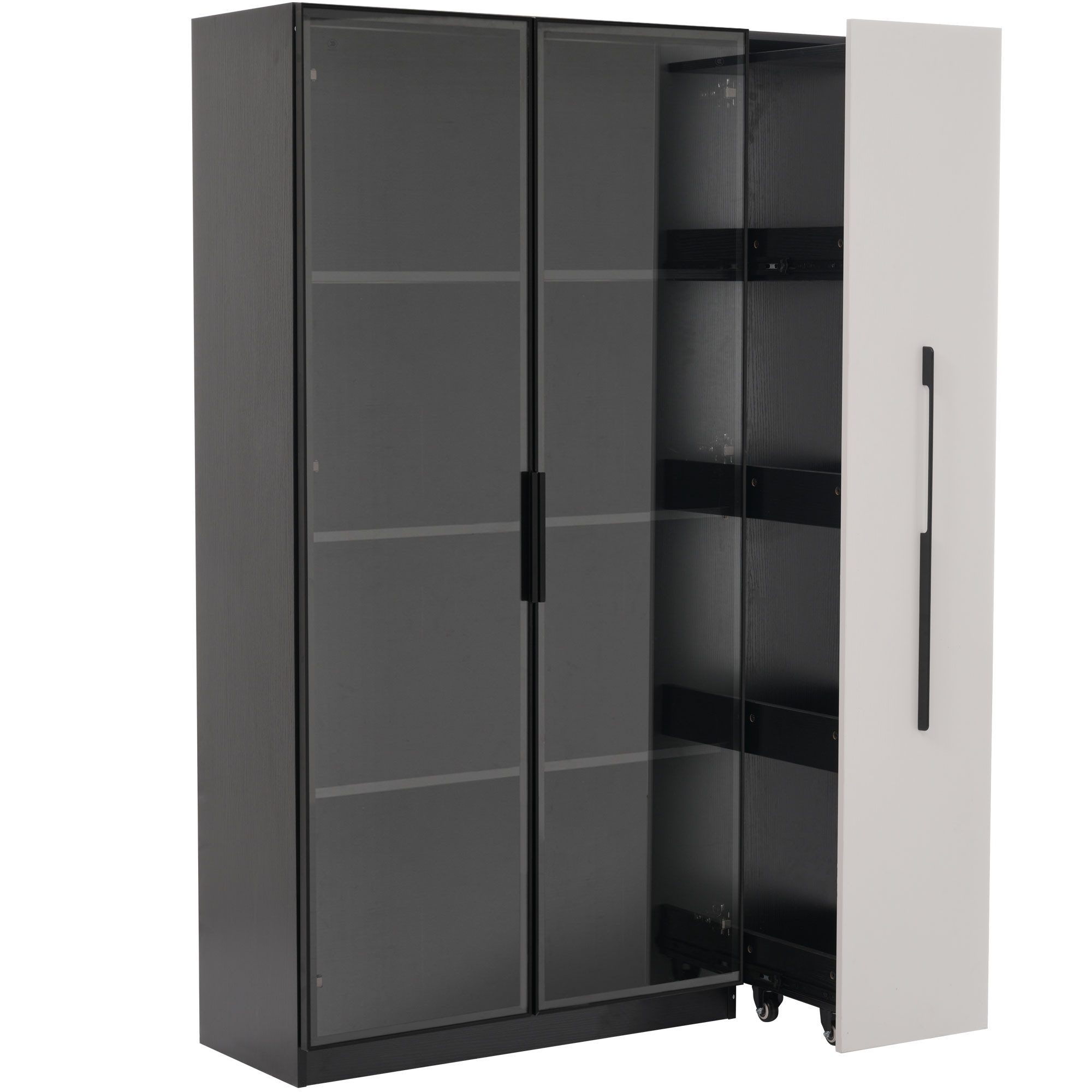 Flieks Glasvitrine Multifunktionsschrank mit LED, Glastüren und großen Seitenschubladen (Maße: B110,5/T35/H160 cm, 1-St., Schrank für Wohnzimmer, Schlafzimmer, Arbeitszimmer und Esszimmer) Hochschrank mit Rollregal Bücherregal Standvitrine Schwarz&Weiß
