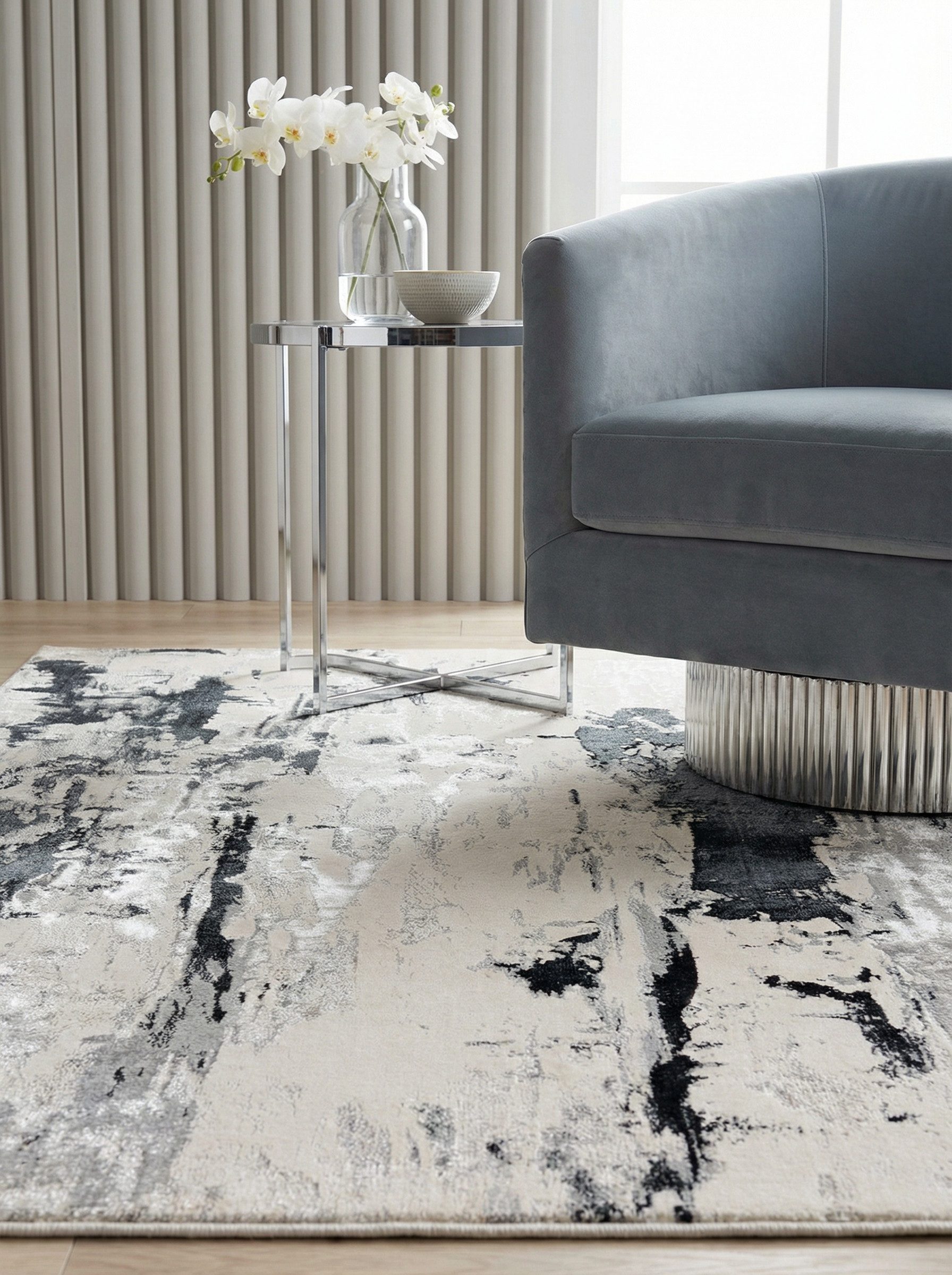 KADIMA DESIGN Teppich Velours-Kurzflor Teppich, Metallic Gletschermuster, Silbergrau, Rechteckig, Höhe: 13 mm, Schimmernde Glanzoptik, Rutschfeste Unterseite, Wärmeleitoptimiert