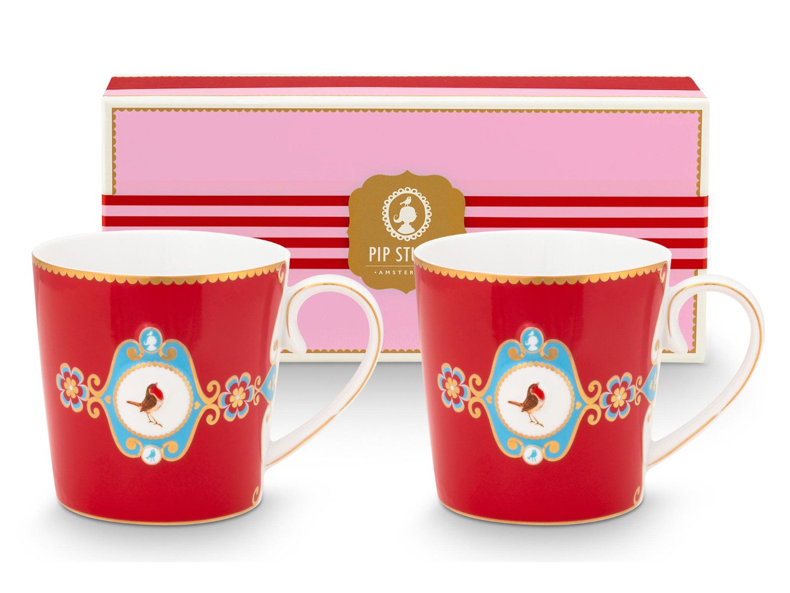 PiP Studio Becher Love Birds Medallion Red Henkelbecher Large 0,25l Set2, Porzellan