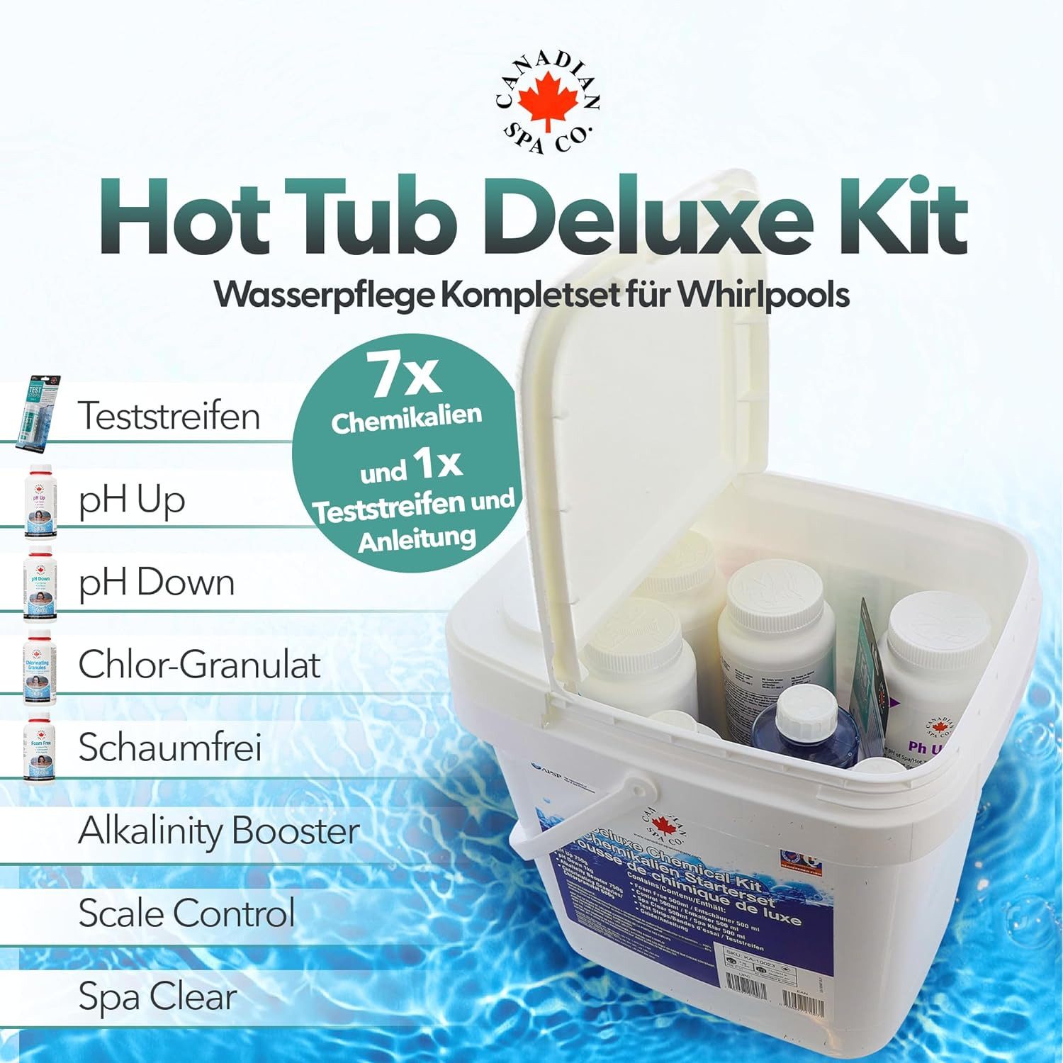 Canadian Spa GmbH Poolpflege Wasserpflege Set Deluxe, 8-teilges Set zur Wasseraufbereitung inkl. Wassertest App