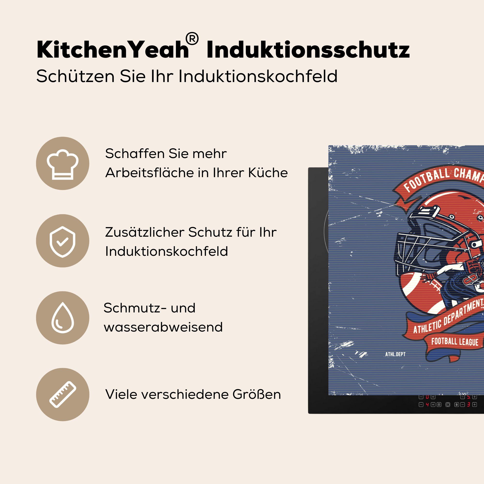 MuchoWow Herdblende-/Abdeckplatte Helm - Rugby - küche 78x78 Retro, cm, Vinyl, tlg), Arbeitsplatte (1 für Ceranfeldabdeckung