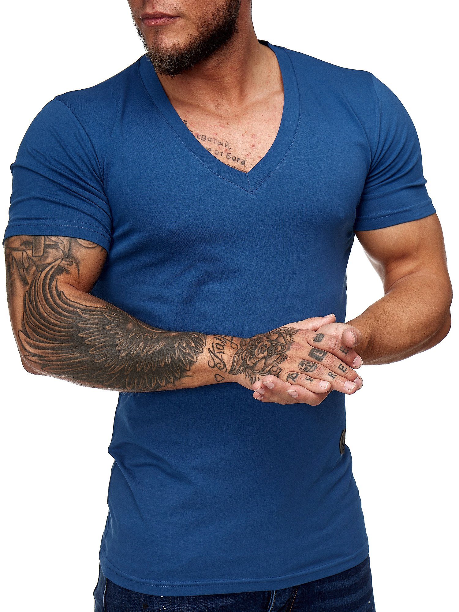 Casual Tee, OneRedox (Shirt Blau Freizeit Fitness T-Shirt 8031ST Kurzarmshirt 1-tlg) Polo