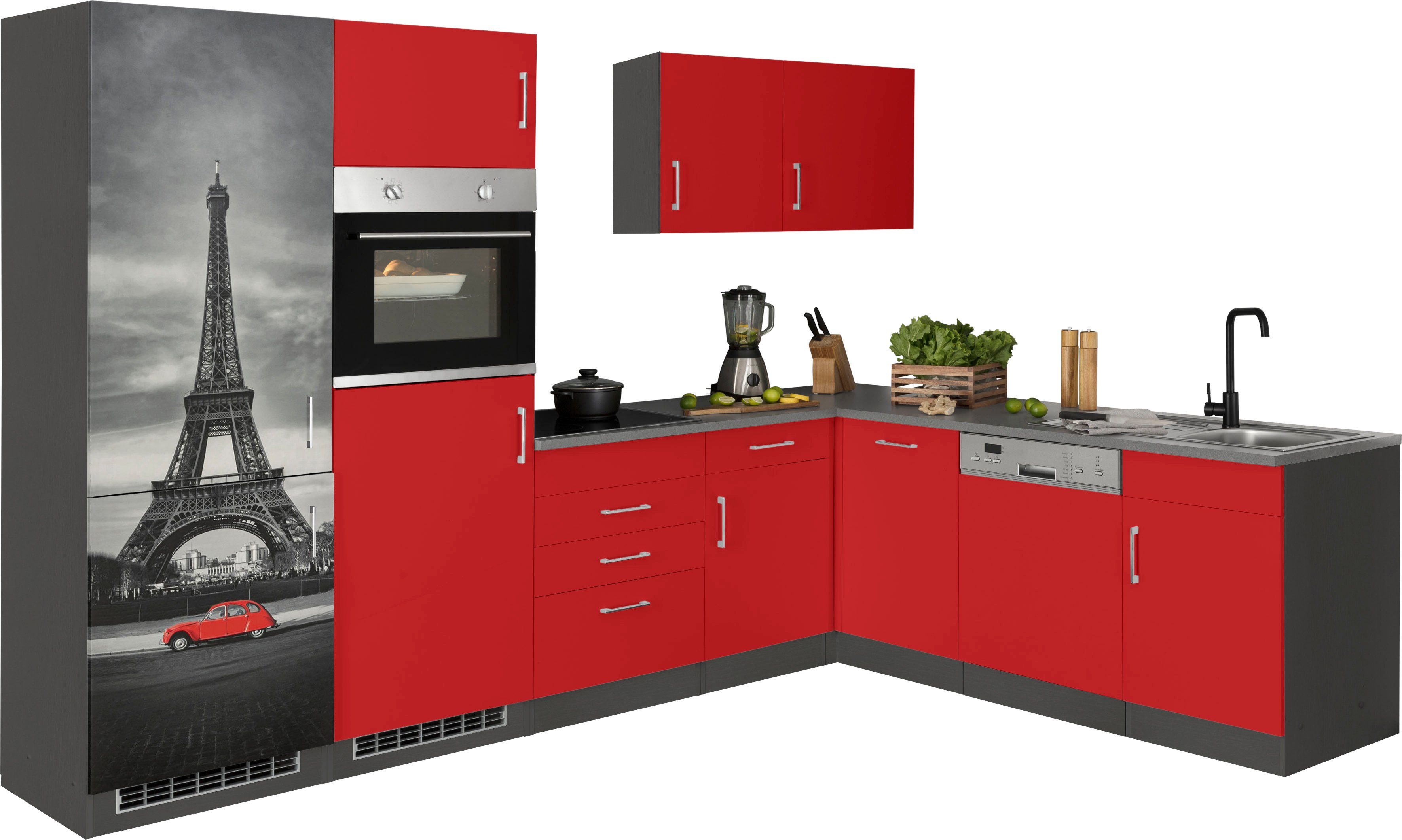 KOCHSTATION Küchenzeile KS-Paris – Küchen mit einzigartigen Fotomotiven auf den Fronten, Stellbreite 290/220 cm, wahlweise mit E-Geräten und Induktion