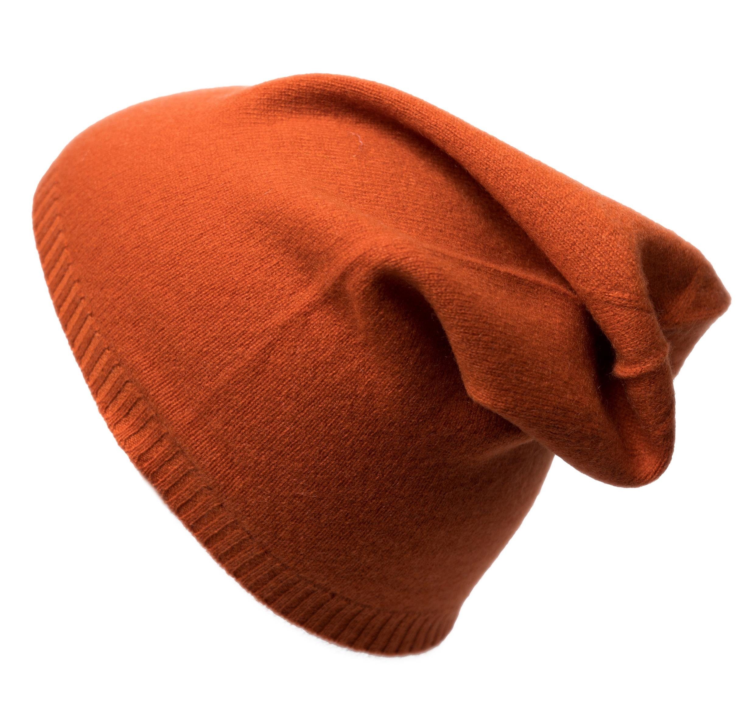 MayTree mit (Orange) 1-St) 100% Kaschmir-Mütze Rand (Stück, Strickmütze Kaschmir