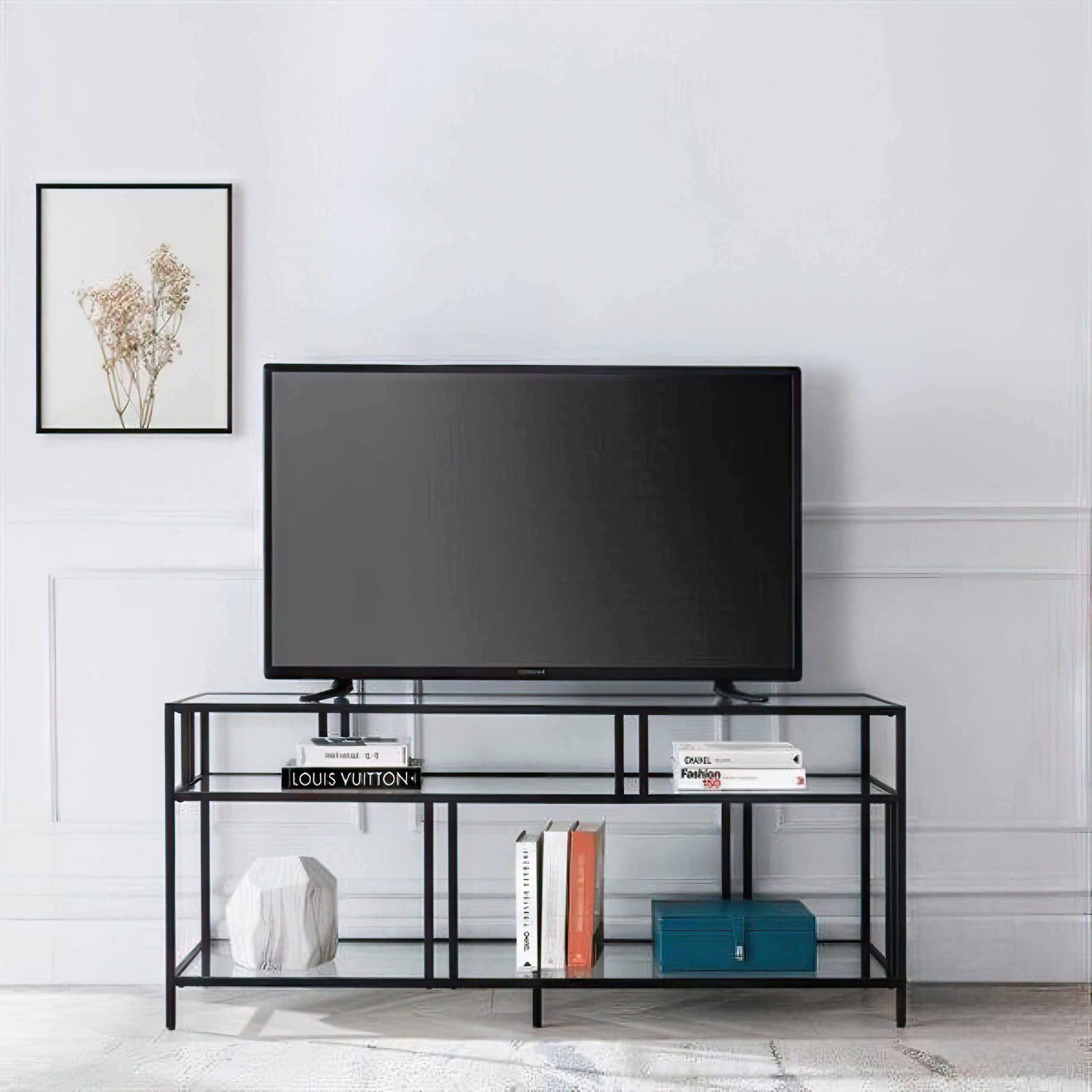 JVmoebel Lowboard TV-Lowboard aus Glas und Metall mit zwei Regalfächern (1 St)