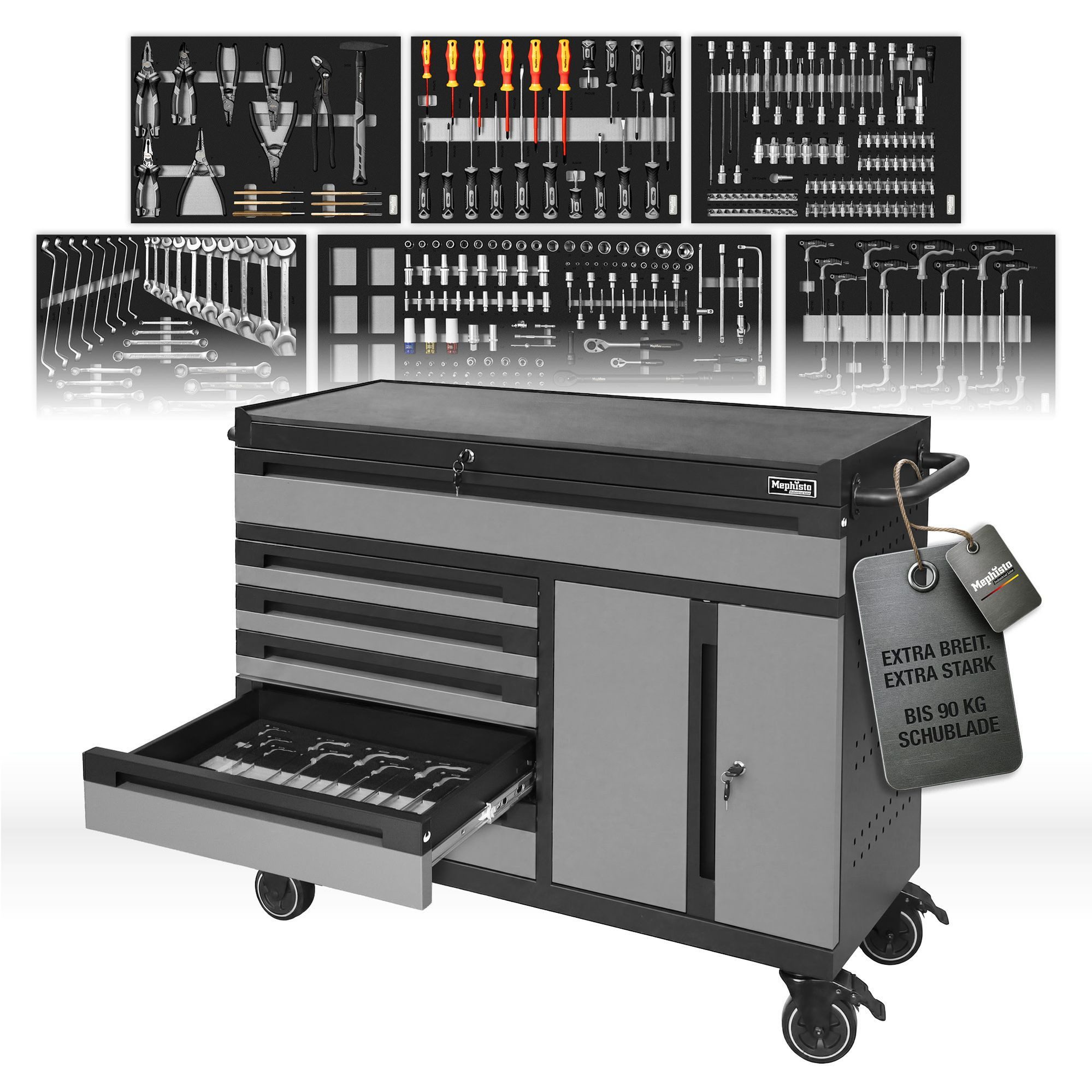 Mephisto-Tools Werkzeugwagen, (fertig montiert und bestückt), 6 Schubladen bis zu 40 kg belastbar & 1 Doppeltür, 4 Schlüssel inkl.