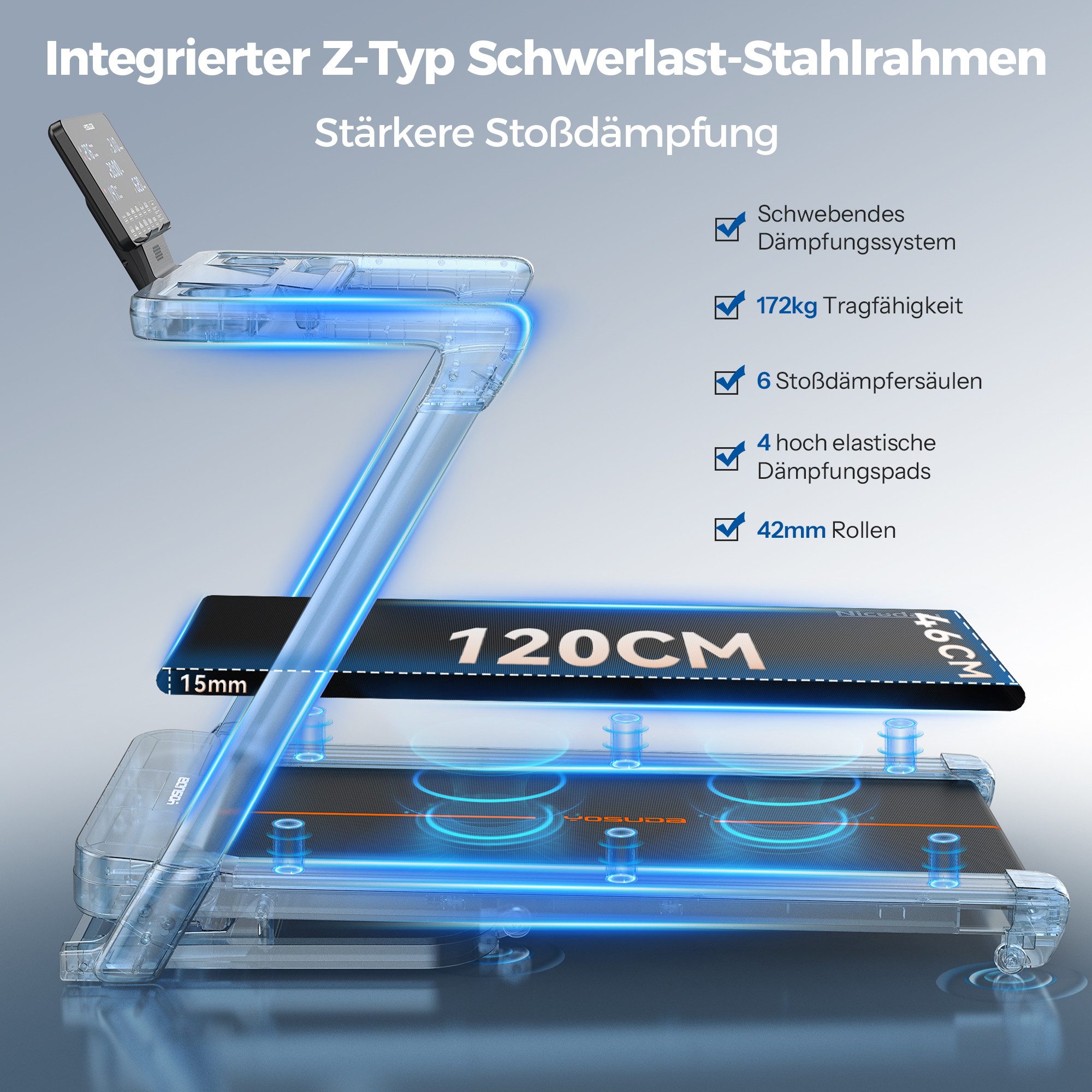 YOSUDA Laufband 1–14 km/h, 172 kg Tragfähigkeit, 14,8" LED-Display & Bluetooth (1-tlg), Klappbares Heimlaufband mit automatischer Steigung