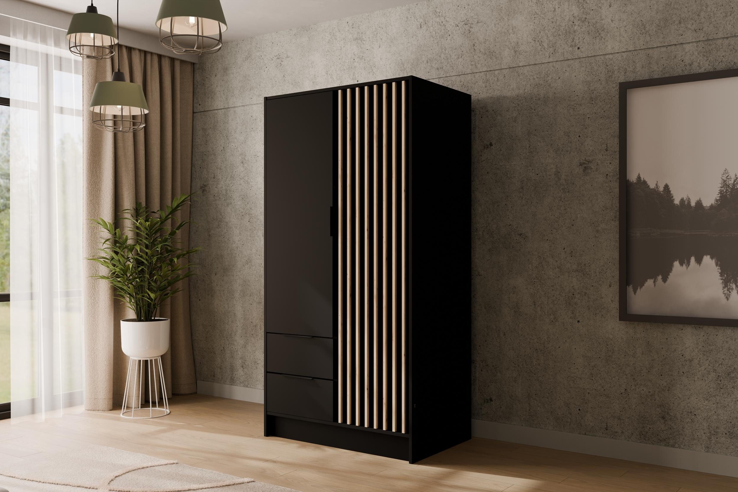 ALTDECOR Drehtürenschrank NELIA (Kleiderschrank Garderobenschrank mit viel Stauraum, Moderner Schrank) Vielseitiger Drehtürenschrank mit Spiegeltüren Spiegel Lamellen