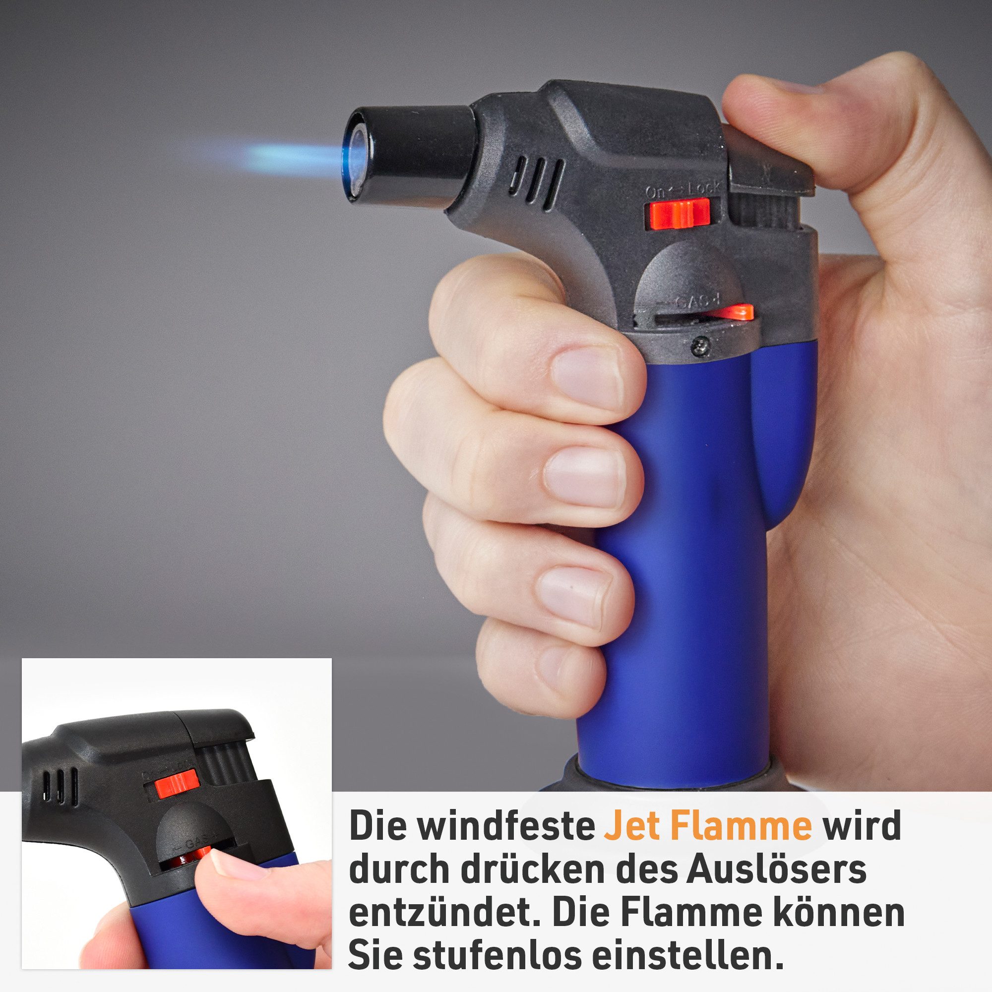 TOM Flambierbrenner Gasbrenner mit 100ml Nachfüllflasche, (2-tlg), Piezo-Zündung, 1300°C, Butan/Propan Gas – Bild 4 von 5