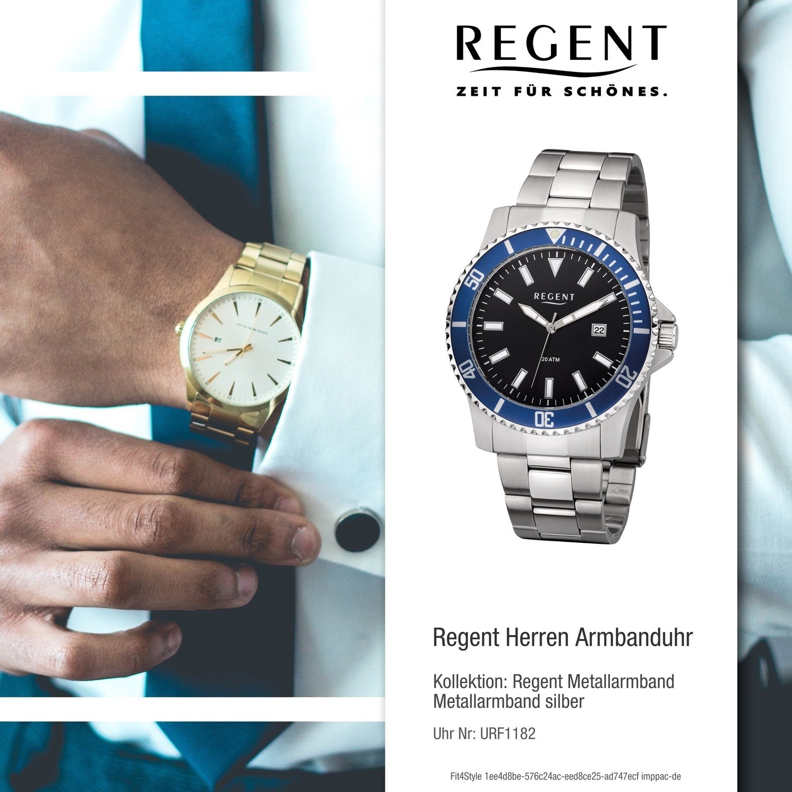 Regent Quarzuhr Regent Metall Herren F-1182 rundes Metallarmband Gehäuse, Analog, (ca. Uhr silber, 43mm) groß Herrenuhr