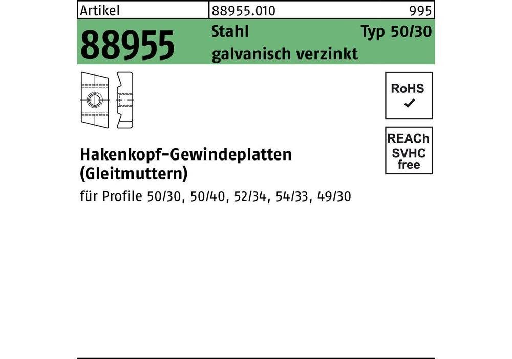 galvanisch Typ R Sechskantmutter Hakenkopfgewindeplatte 50/30 88955 Stahl 8 verzinkt M