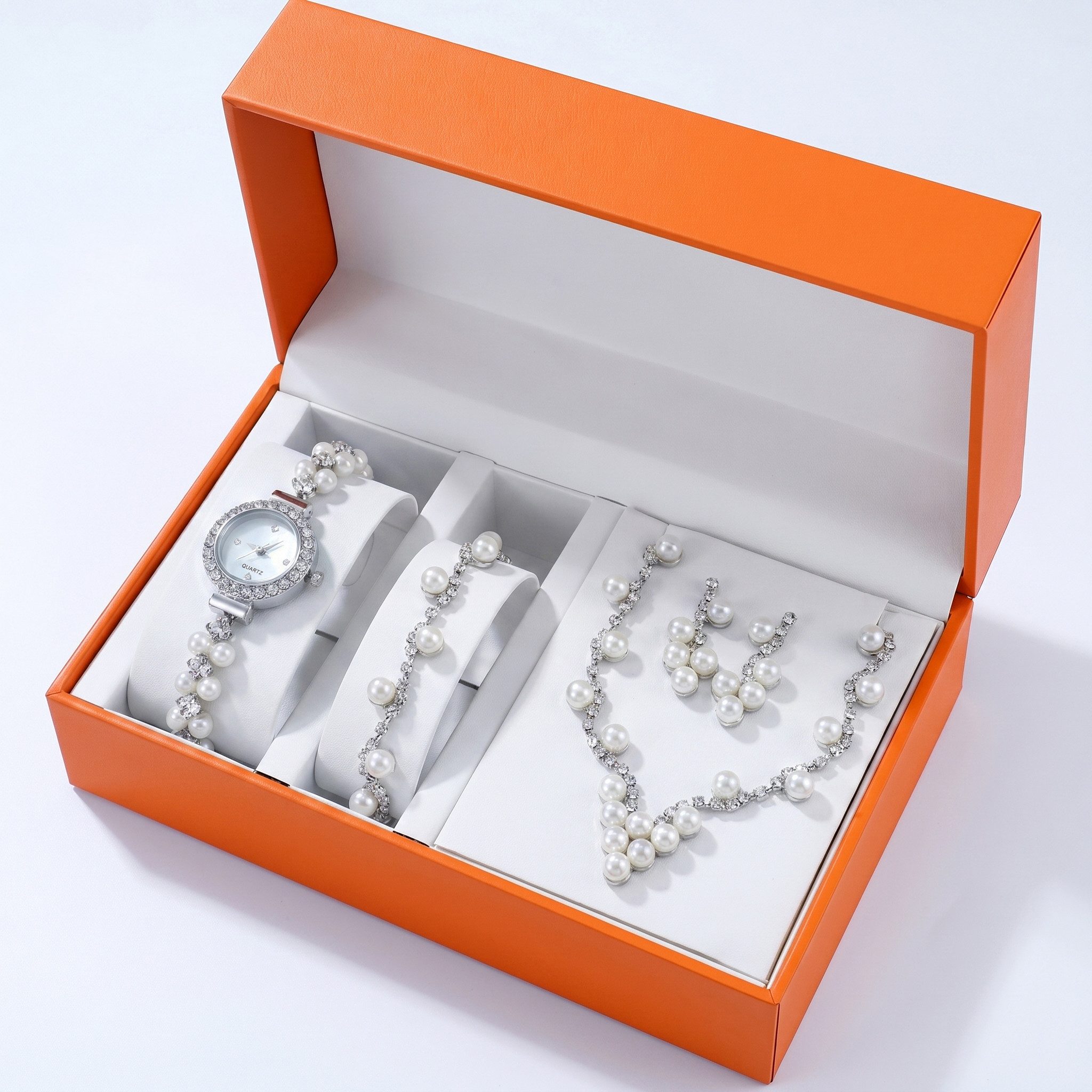 Futicare Quarzuhr Damen Schmuckset, 4-tlg., mit Armbanduhr, Halskette Armband und Hängeohrringen, 4/5 mm Schmuckperlen & Glitzersteine, Geschenkset, (Ideal für Hochzeit, Party, Abschlussball, Dinner und festliche Anlässe, Auch als Geschenk zu Weihnachten,