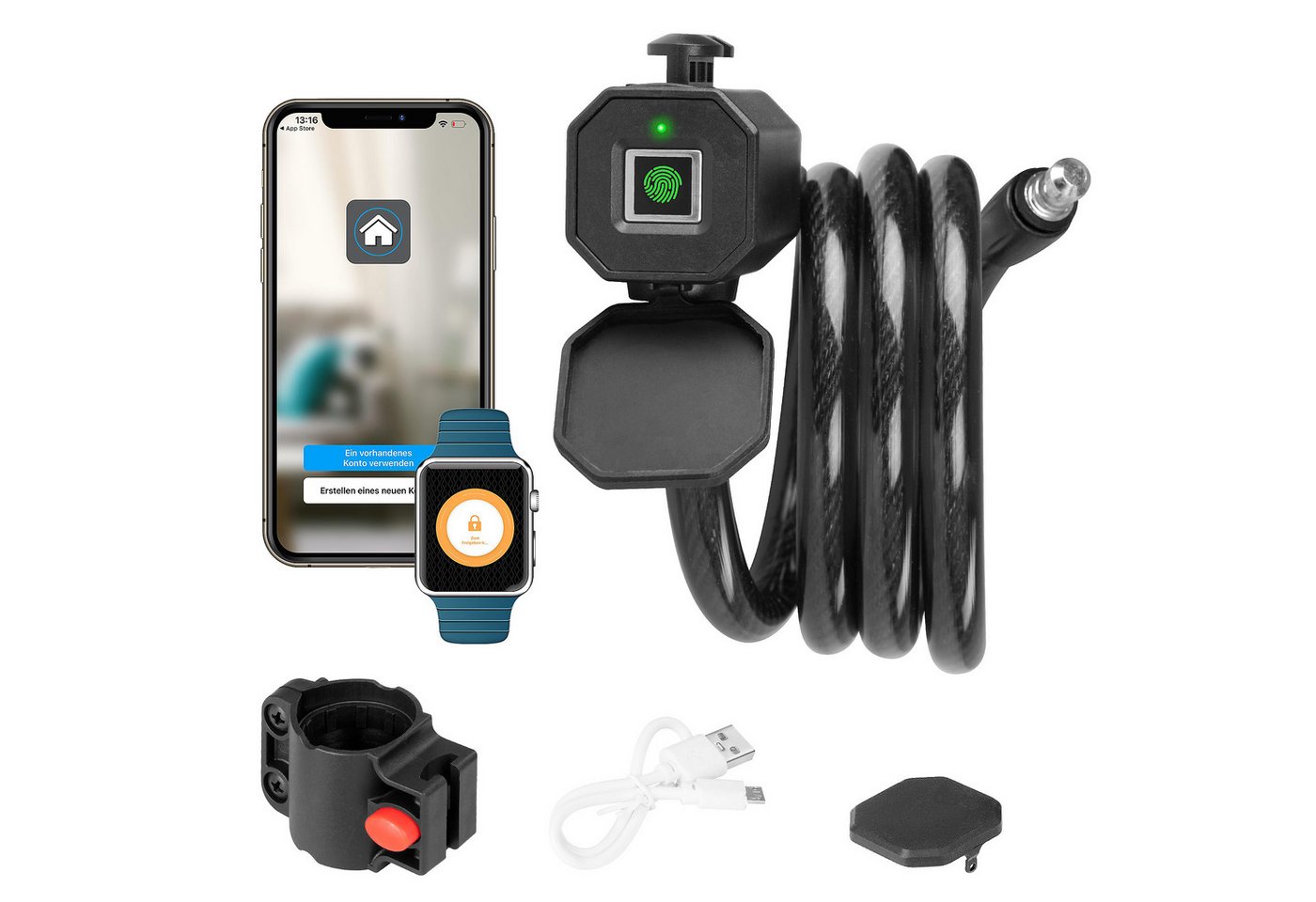 Taffstyle Kettenschloss Elektronisches Fingerabdruck Fahrradschloss App Fingerprint Schloss, Hohe Sicherheit Kettenschloss e Bike Kabelschloss Kinderwagen Tracking