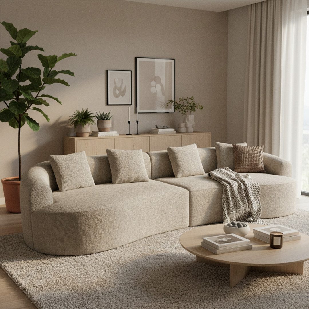 skølm Sofa Loki aus Teddy-Bouclé-Stoff, Vollschaumcouch mit Vakuum-Kompression, Beige, Couch 4 Sitzer mit 4 Kissen, kein Aufbau notwendig