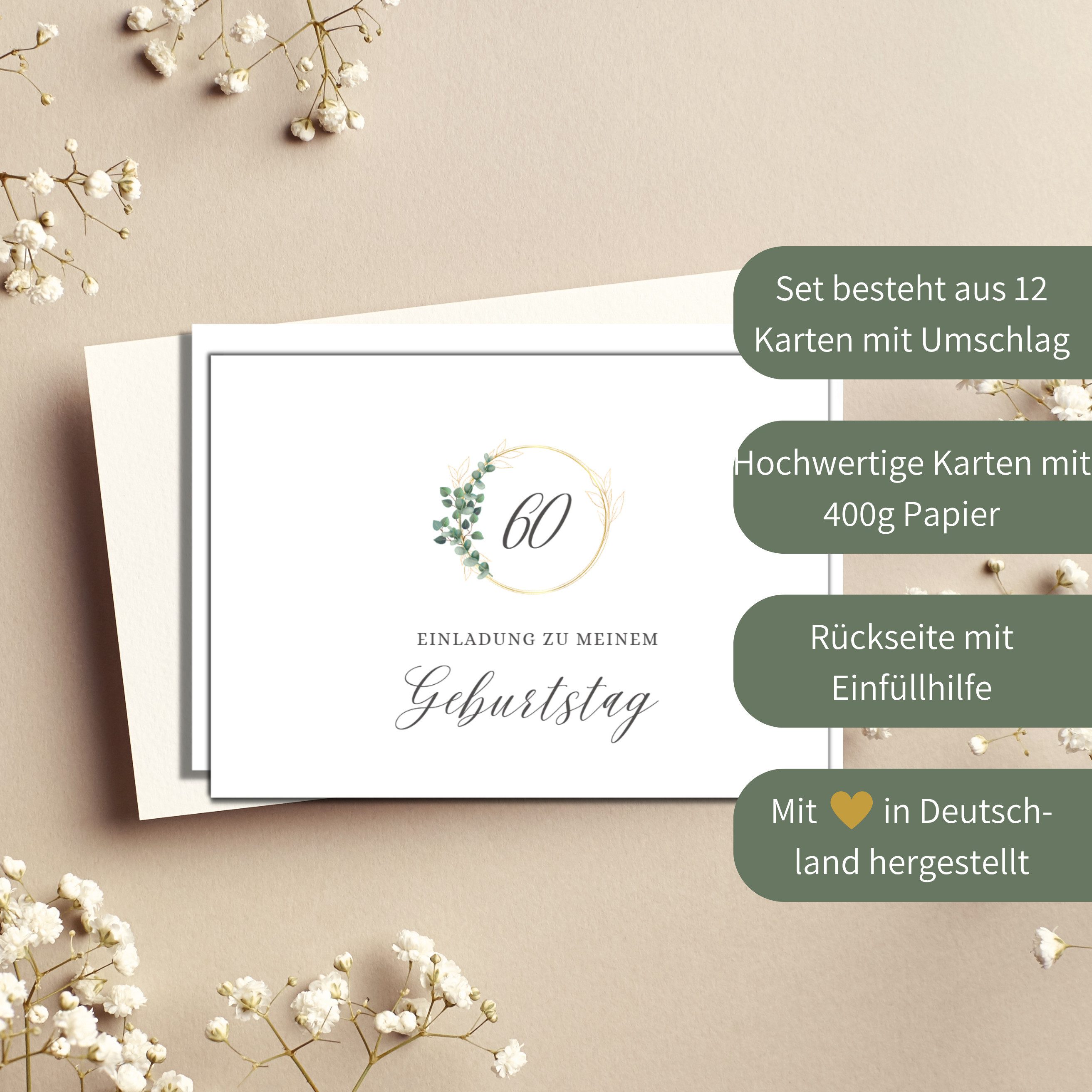 Briefzauber Einladungskarten Geburtstagseinladung 60. Geburtstag, Set 12x Karten & 12x Umschläge