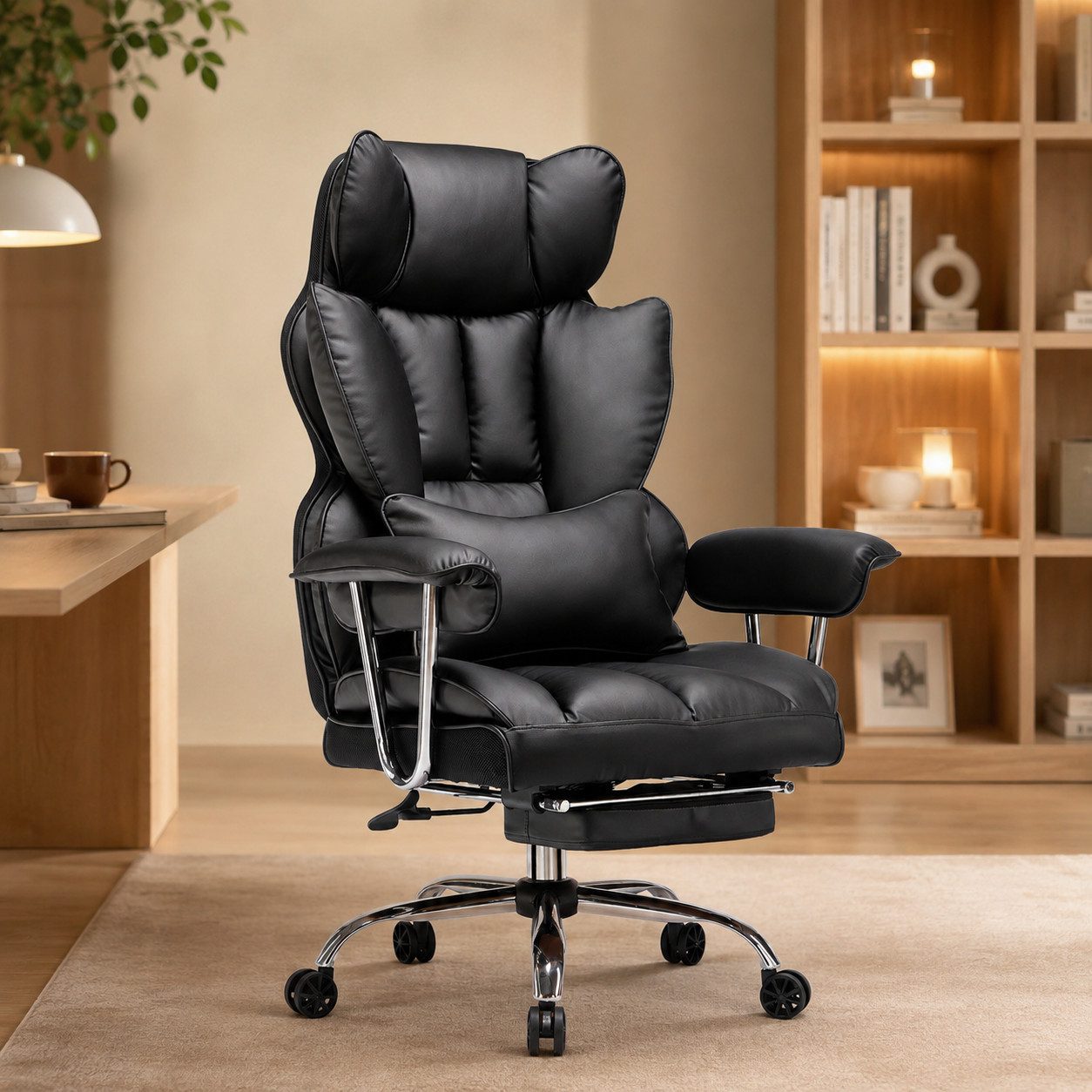 EFOMAO Chefsessel Ergonomischer Executive, PU-Kunstleder Bürodrehstuhl, Hochlehnen mit Fußstütze & Lordosenstütze
