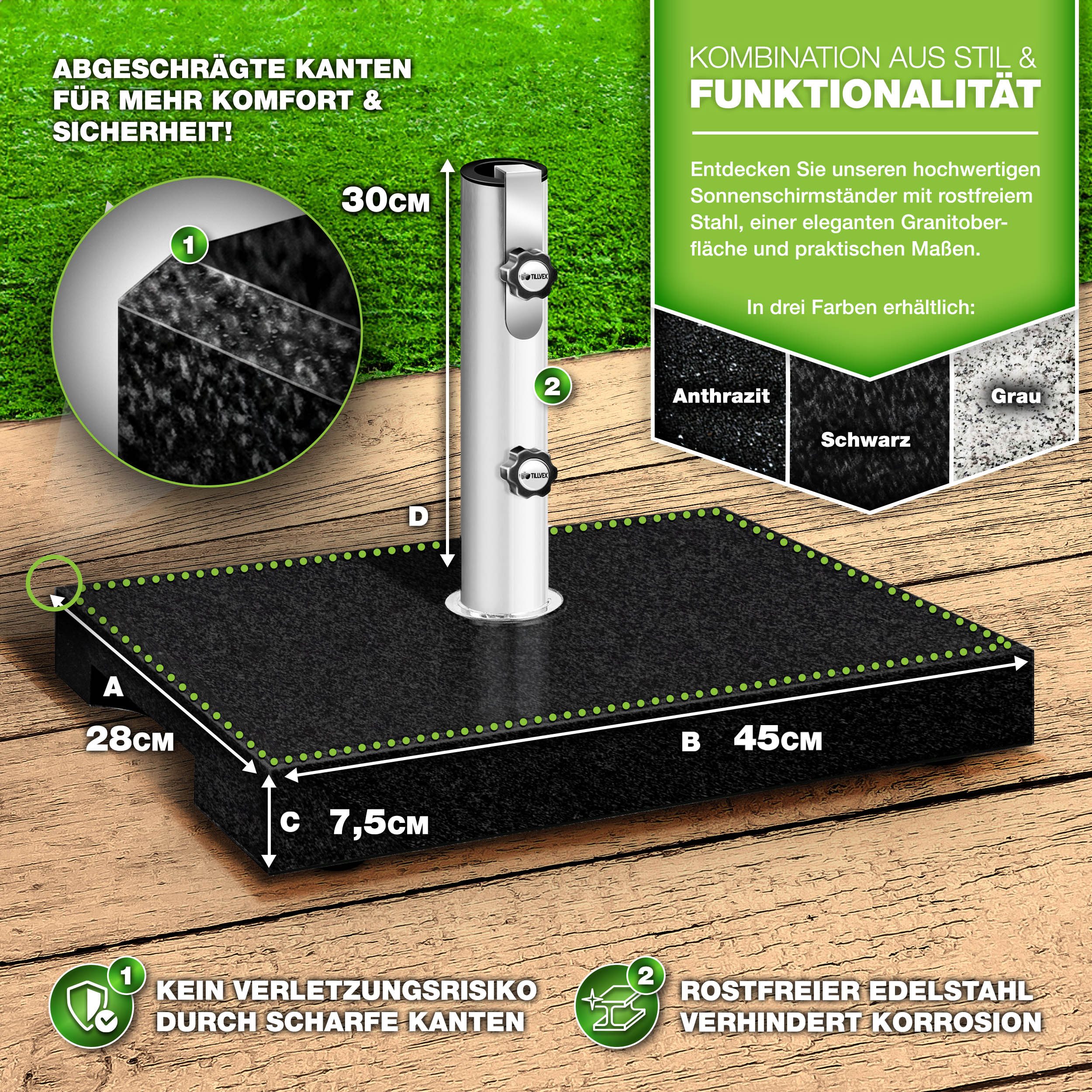 tillvex Sonnenschirm tillvex Granit Sonnenschirmständer, Balkonschirmständer für Schirmstöcke 16-48 mm & 300cm Schirmdurchmesser, Sonnenschirm, Granit Sonnenschirmständer